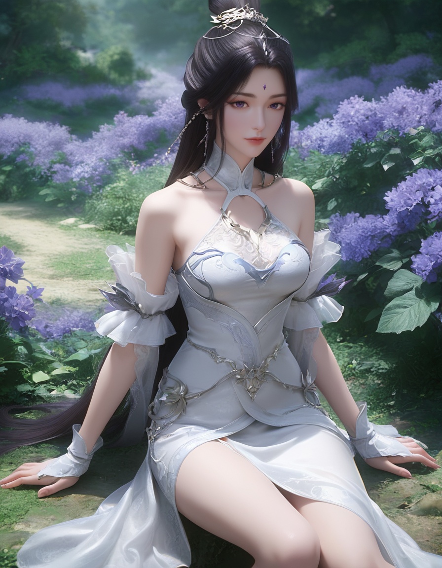 score_9,score_8_up,score_7_up,score_6_up,score_5_up,score_4_up,1girl,long hair,breast,medium breast,earrings,hair_ornament,dress,white_dress,black hair,purple eyes,gaden,standing,thick_thighs,highres,game cg,<lora:wy_yuechan_XL5.0:0.8>,outdoors,gaden,sitting,the ground is full of flowers,purple flowers,