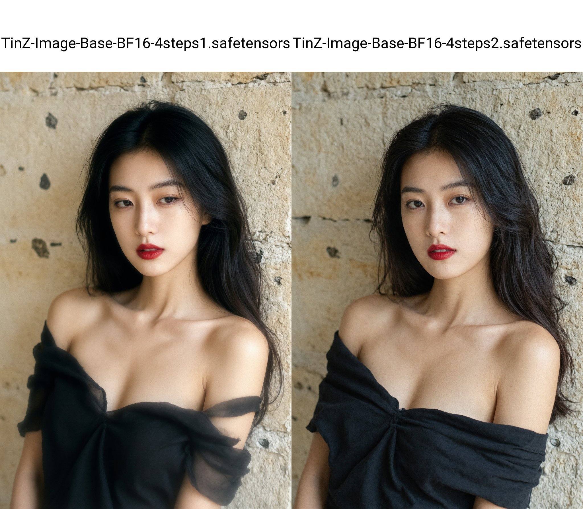 This is a high-resolution photograph of an Asian woman with a light skin tone, captured in a natural, intimate setting. She has long, wavy black hair that cascades past her shoulders, framing her face. Her eyes are almond-shaped and have a soft, slightly seductive gaze, enhanced by subtle makeup that includes eyeliner and mascara. Her lips are painted a bold red, adding a pop of color to her otherwise neutral-toned appearance.She is wearing a black, off-the-shoulder top that reveals her collarbone and shoulders, with the straps loosely hanging off her arms. The fabric appears to be a soft, cotton blend, draping casually over her upper body. The lighting in the image is warm and natural, casting soft shadows that accentuate the contours of her face and body, creating a sense of depth and texture. The background consists of a textured stone wall with a light beige hue, adding an earthy, rustic element to the composition. The wall has a slightly rough surface, with small, scattered patches of darker stone, adding to the natural, raw aesthetic of the photograph. The overall mood of the image is intimate and slightly provocative, with a focus on the subject's natural beauty and relaxed pose.