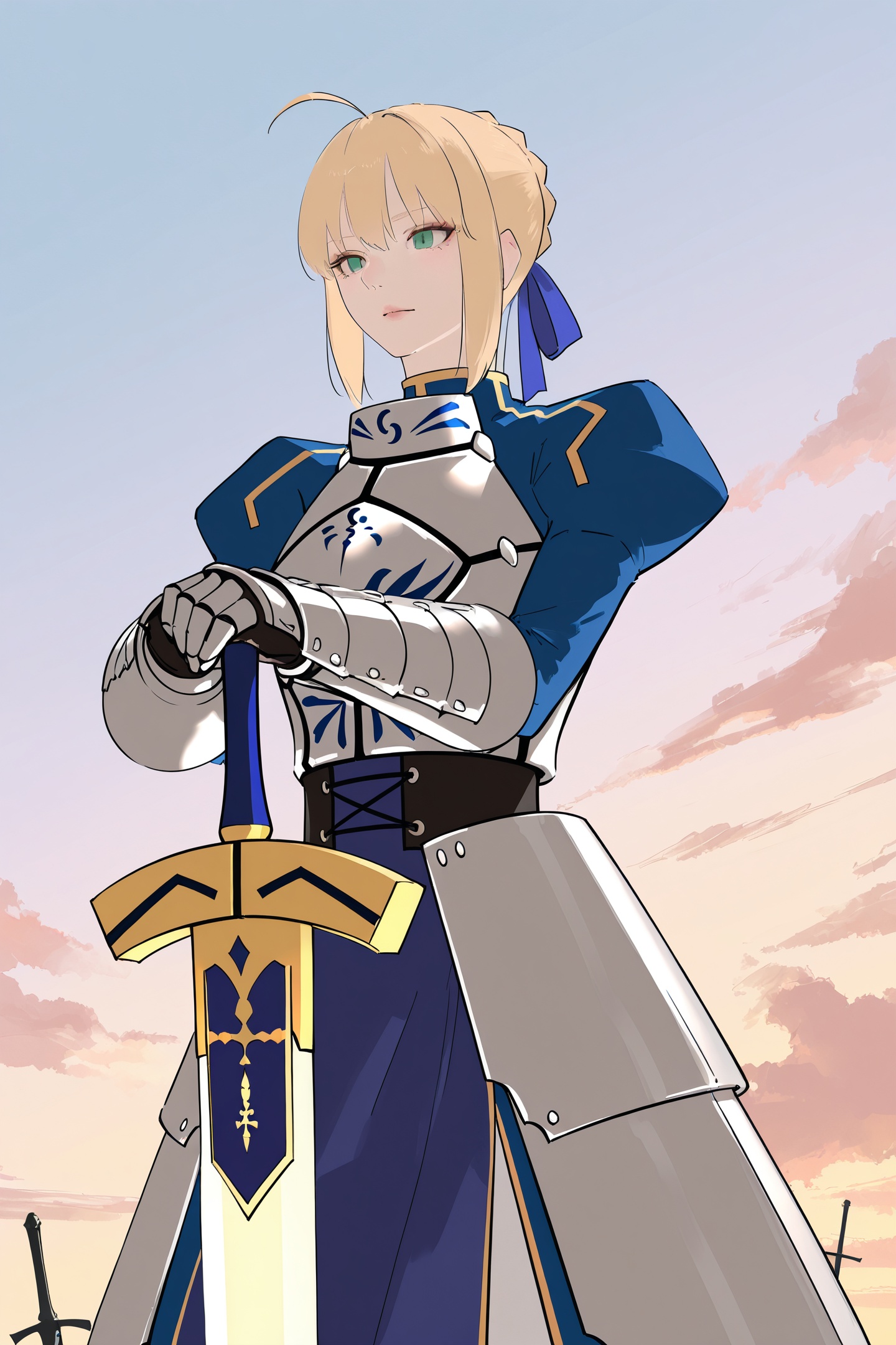 Chikitama Style,1girl,artoria pendragon \(fate\),saber \(fate\),solo,blonde hair,hands on hilt,sword,weapon,armor,green eyes,ahoge,gauntlets,armored dress,cloud,excalibur \(fate/stay night\),ribbon,dress,hair ribbon,hand on hilt,sky,sheathed,planted sword,planted,sketch,<lora:Chikitama_illustriousXL:1>,