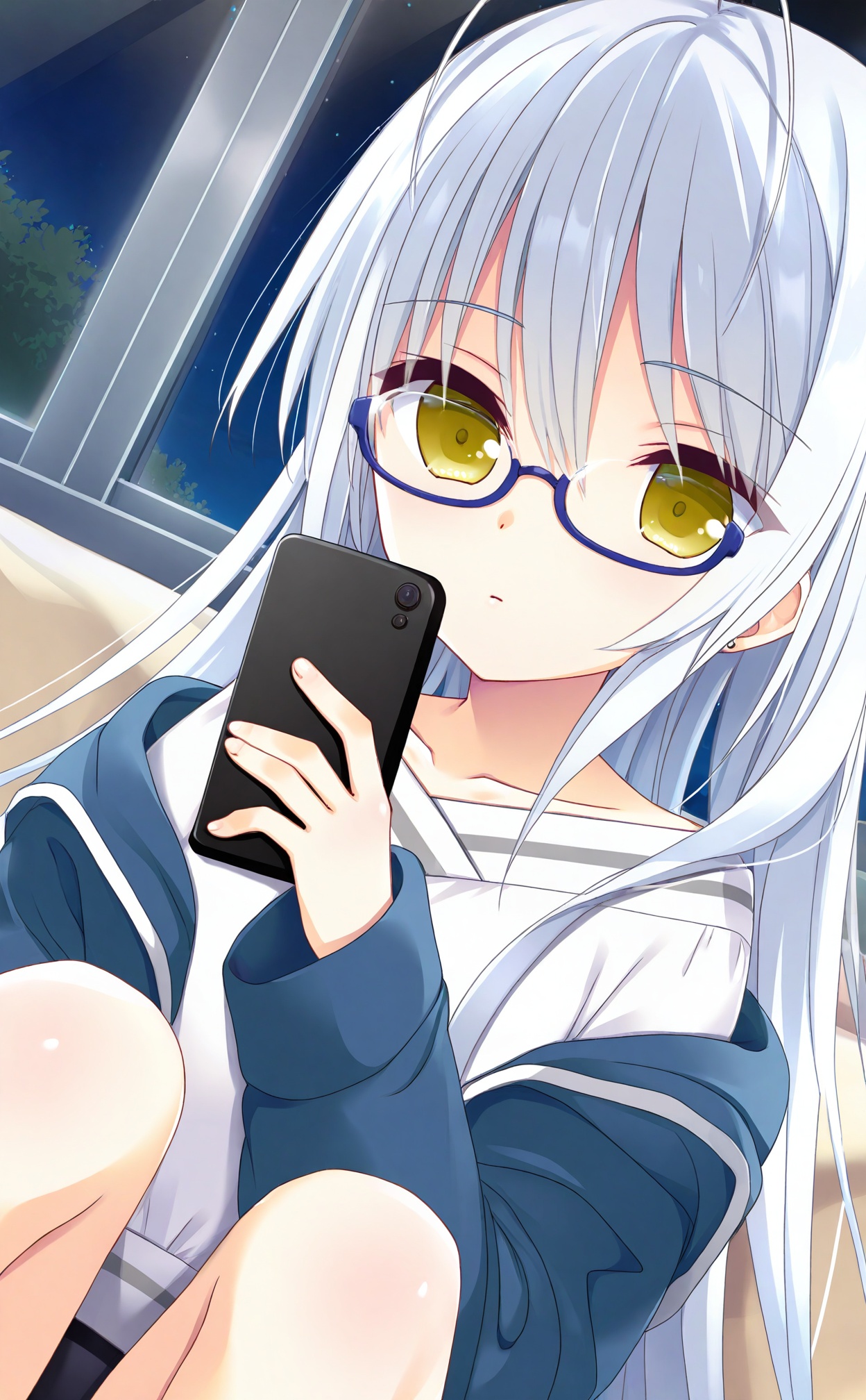 masterpiece,highres,absurdres,newest,best quality,loli,petite,high quality,chromatic_aberration,//,umino_miyako,blue-framed_eyewear,phone,cellphone,white_hair,yellow_eyes,holding,long_hair,glasses,holding_phone,semi-rimless_eyewear,shirt,night,dutch_angle,smartphone,antenna_hair,solo_focus,hair_between_eyes,closed_mouth,1girl,under-rim_eyewear,collarbone,indoors,white_shirt,looking_at_viewer,blue_shirt,sitting,sky,straight_hair,window,expressionless,star_\(sky\),night_sky,starry_sky,knees_up,2girls,out_of_frame,//,<lora:umino_miyako——【noob】hans:1>,