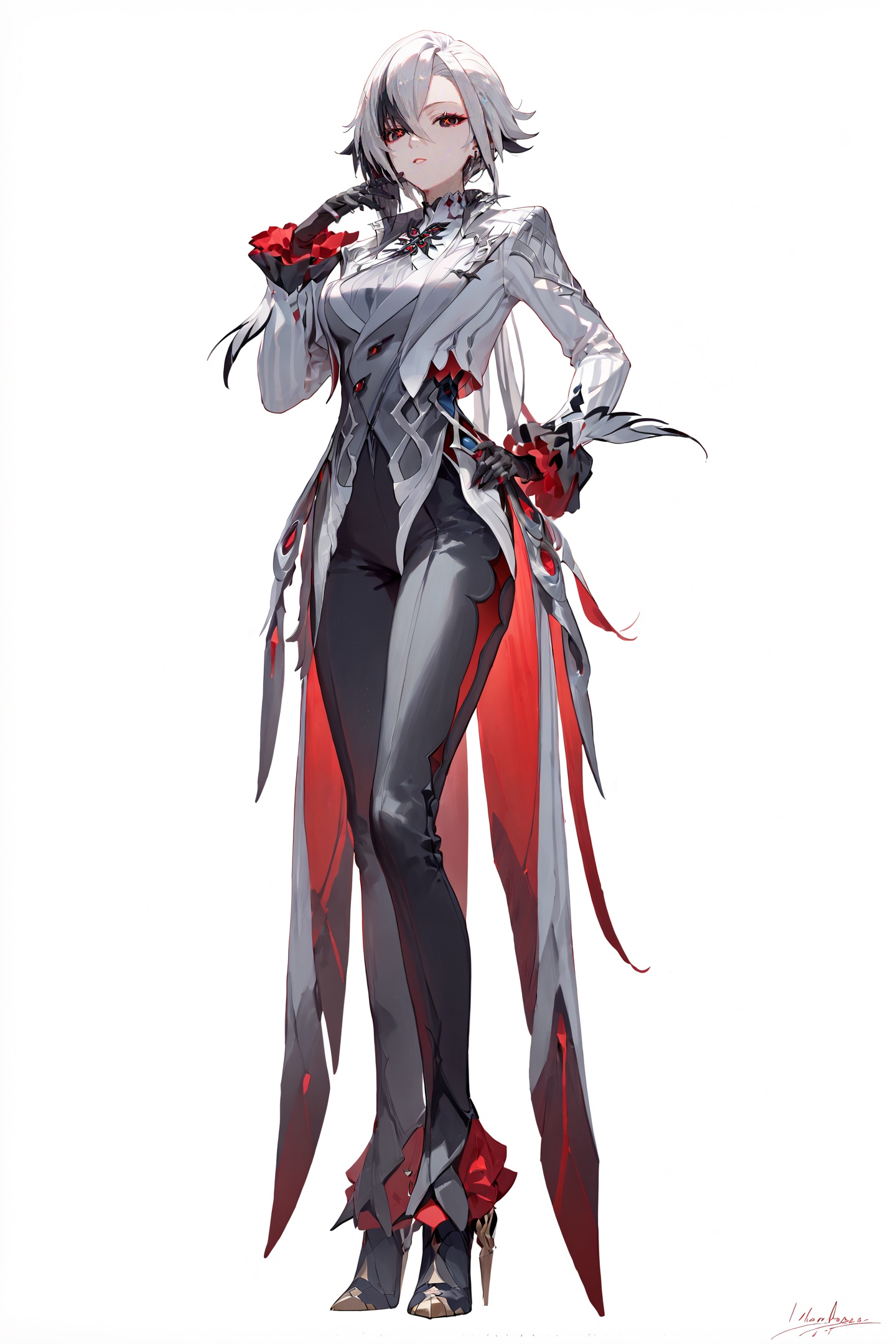 score_9, score_8_up, score_7_up, score_6_up, 8k, best quality, masterpiece, (ultra-detailed:1.1), (high detailed skin), (full body:1.4), white background, standing, looking at viewer, (solo:1.4), hand on hip, <lora:Arlecchino-pony-Tanger:0.8>, Arlecchino, def clothes, 1girl, x-shaped pupils, red pupils, black gloves, pants, symbol-shaped pupils, multicolored hair, black hair, white hair, (white background, simple background:1.3), (beautiful_face), ((intricate_detail)), clear face, ((finely_detailed)), fine_fabric_emphasis, ((glossy)), full_shot, <lora:Anime Boys Style SDXL_LoRA_20r_20e_8i_nr32_a16_Pony Diffusion V6 XL:0.5>, <lora:HKStyle:0.6>, 