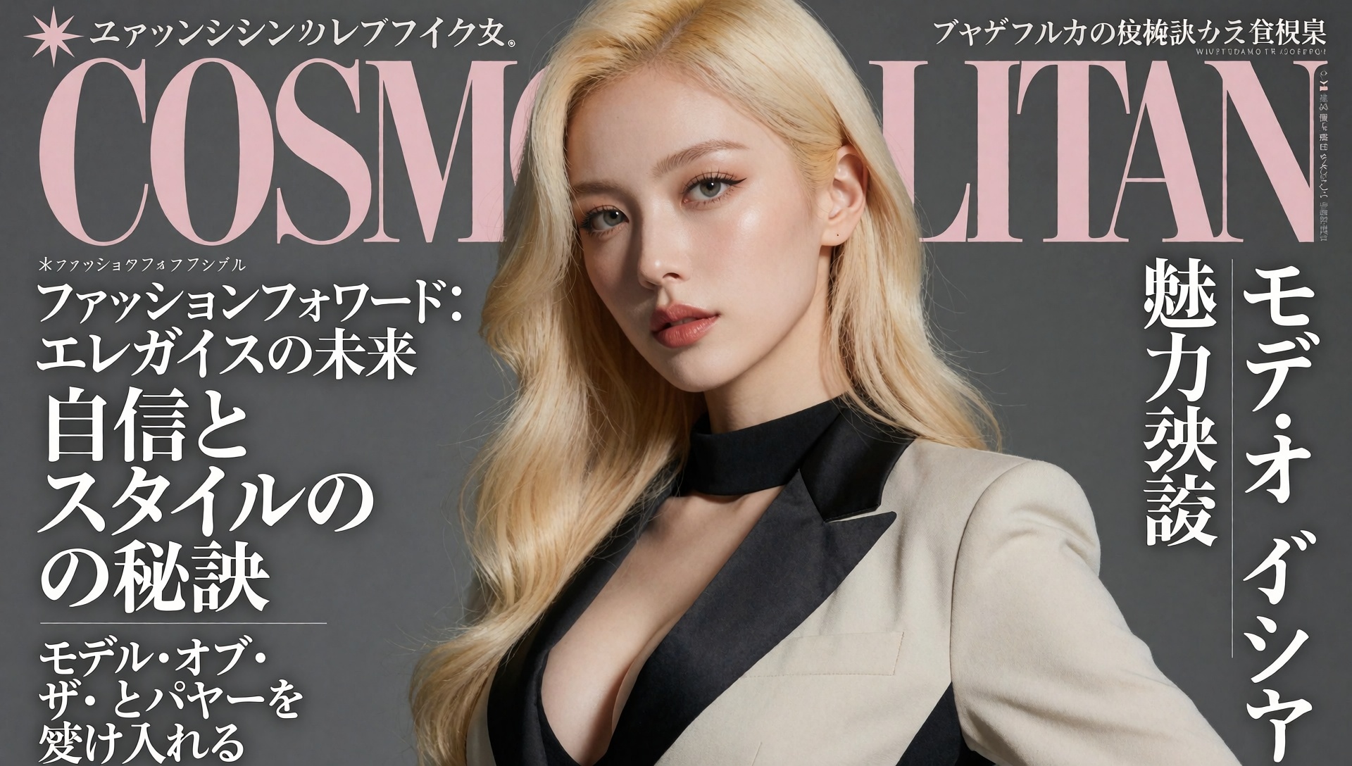 A high-fashion japanese magazine cover featuring a close-up,  upper-body shot of a beautiful blonde female model with an e...
