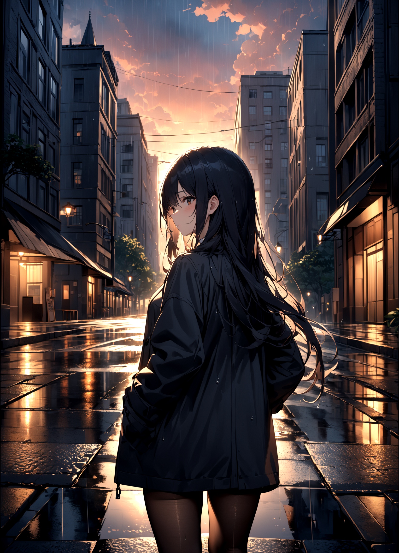 masterpiece,best quality,(ray tracing, cinematic lighting),ex-light,(central composition, Centered Composition and Symmetry:0.6),(back to camera:1.3),backlight,1girl,((solo)),black long hair,long hair,black jacket,pantyhose,rainy day,Cumulonimbus Cloud,(put hands in back pockets),(outdoors, rain, sky, deserted streets, watered-down pavements, crossroad, fork in the road),tall buildings,bell towers,glass,reflections,streetlights,sunset,Tyndall Effect,