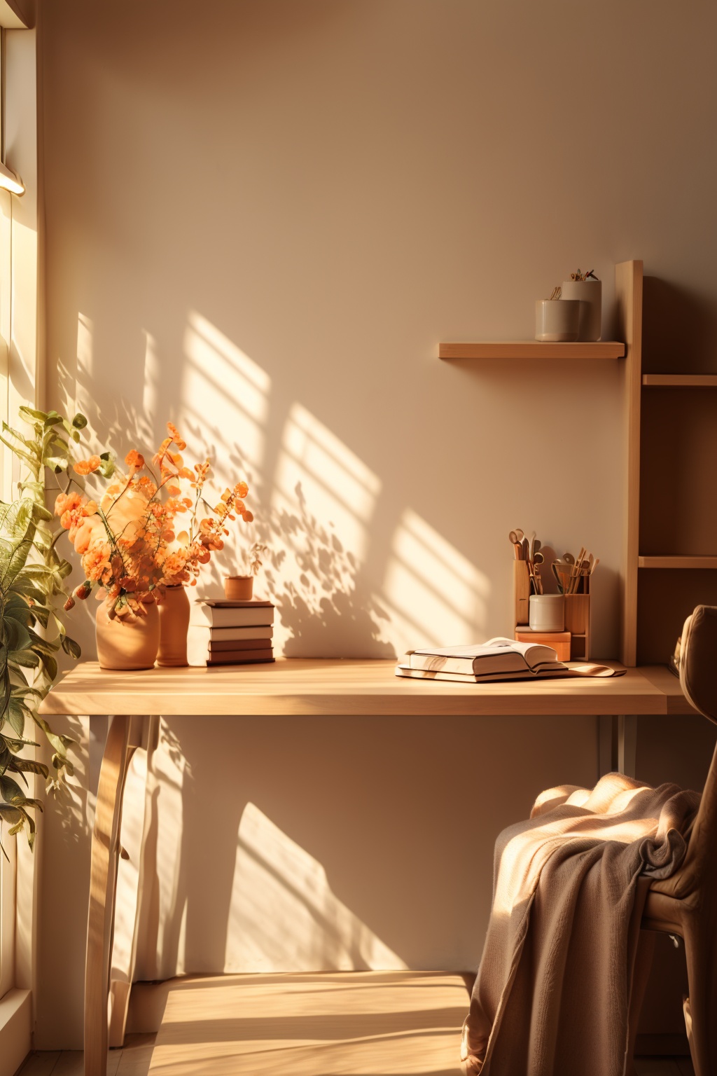 product photography,indoor,indoors,book,no humans,chair,table,scenery,desk,clock,potted plant,