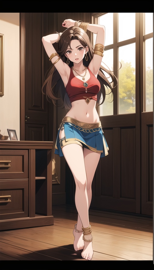 (best quality), ((masterpiece)), (highres), illustration, original, extremely detailed,1girl, solo, anklet, jewelry, barefoot, bracelet, barefoot sandals, letterboxed, ring, necklace, toe ring, navel, long hair, arms up, midriff, dancer, brown hair, nail polish, skirt, breasts, armlet