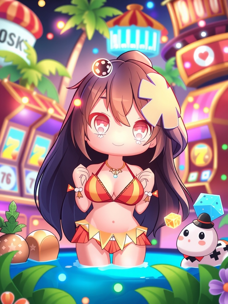 style_mix,  Chibi characters in a vibrant,  fantasy island casino on Tensor.Art