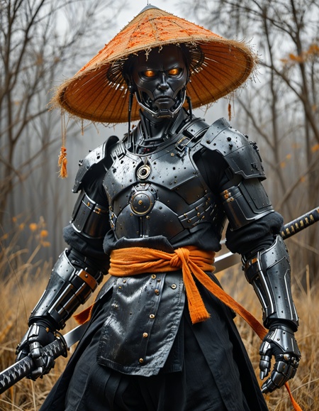 Cyborg Samurai,  black armor, orange color  ornaments, vibrant , oversized sedge hat, (smoky backdrop:0.5) , (holding katana:1.2), atmospheric haze, Film grain, dark simple gradient  background, ascetic modest simple  ,from below, dark theme