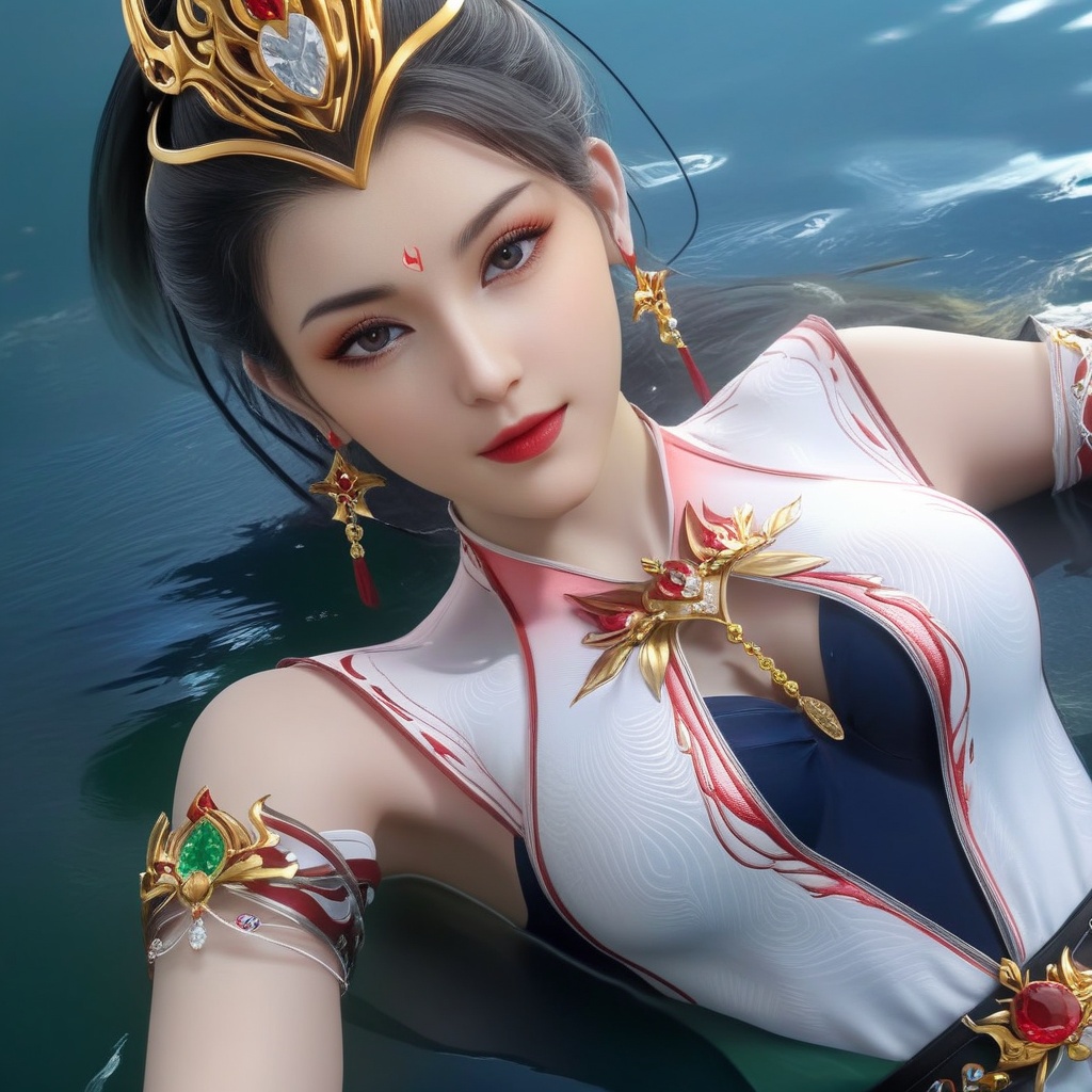 <lora:710-DA-XL-师兄啊师兄-酒玖:0.8>(,1girl, ,best quality, ),looking at viewer,masterpiece, ((((1girl, solo, , ,solo focus, lying on water, )))) (cleavage), (), ,ultra realistic 8k cg,   clean, masterpiece,     (( , )),,  , unreal, science fiction, luxury, jewelry, diamond, gold, pearl, gem, sapphire, ruby, emerald, intricate detail, delicate pattern, charming, alluring, seductive, erotic, enchanting, hair ornament, necklace, earrings, bracelet, armlet,halo,(cleavage),, (), 