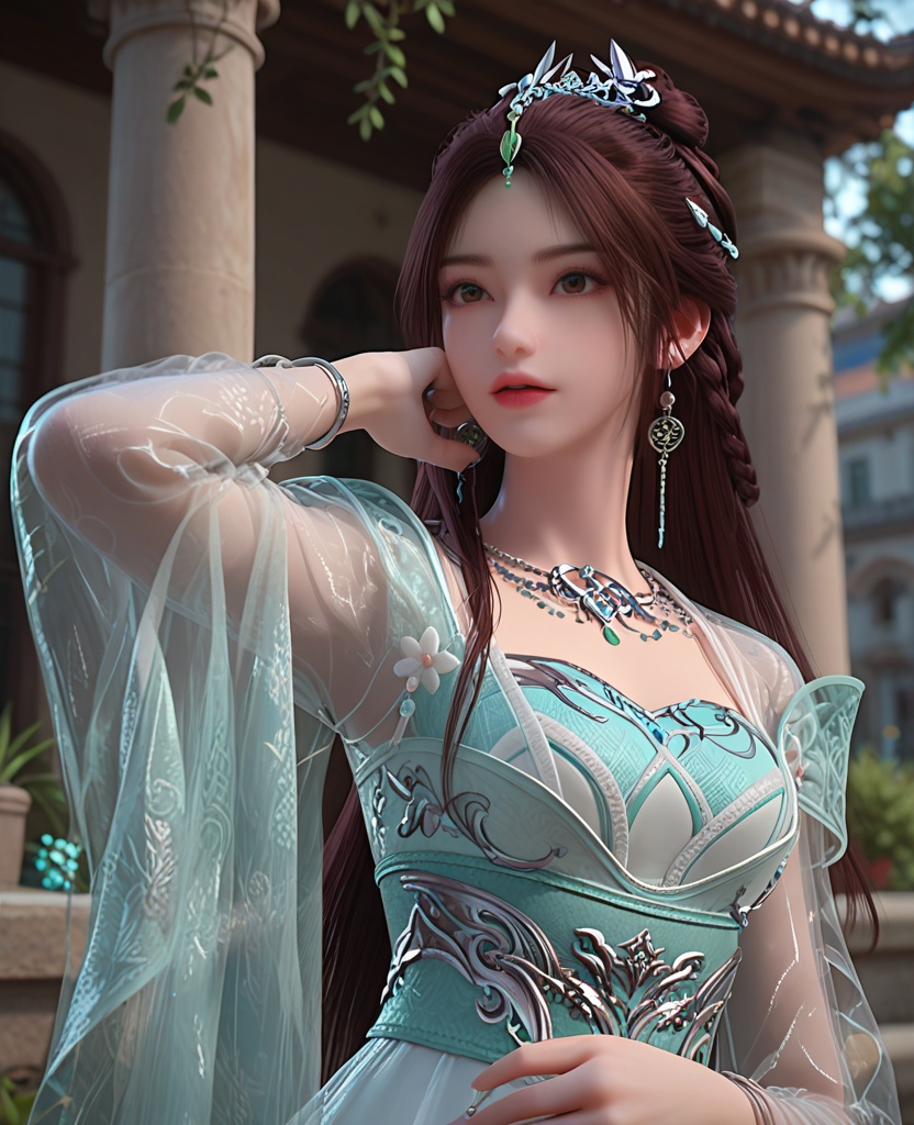 (oriental architecture, elegant decor, sophisticated style:1.1),Hands on the cheeks, looking surprised,(breasts:1.2),<lora:XL完美世界叶倾仙:0.9>,miss yeqingxian,solo,see-through vest,green  corset,sash,see-through sleeves,see-through outerskirt with white petticoat underneath,brown eyes,brown hair,long hair,hair ornament,half updo,hanging hair,necklace,earrings,jewelry,, zPDXL2, score_9, score_8_up, score_7_up BREAK realistic, masterpiece,best quality, highly detailed,, zPDXL3, zPDXL2,zPDXL, zPDXLxxx, zPDXLrl,