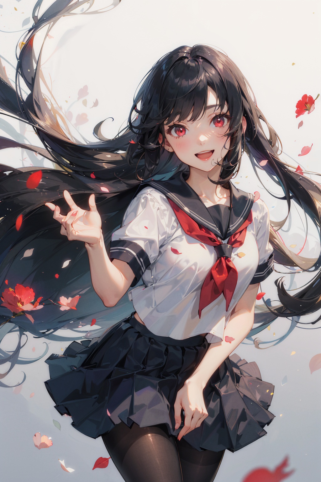 (best quality),((masterpiece)),(highres),illustration,original,extremely detailed,1girl,pantyhose,long hair,solo,school uniform,black hair,serafuku,skirt,black pantyhose,red eyes,petals,hime cut,smile,open mouth,very long hair,