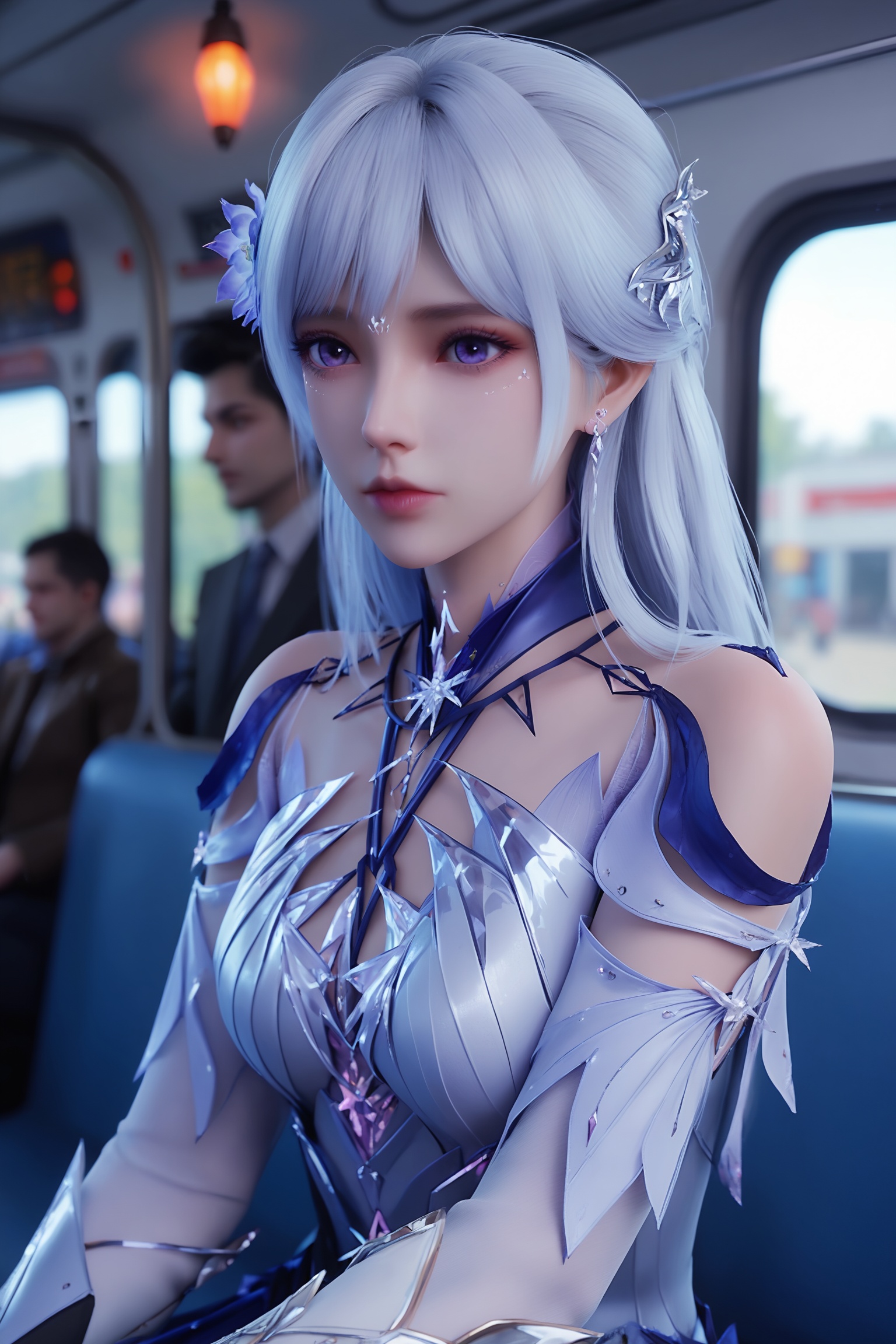 solo,1girl,solo focus,(perfect_anatomy:1.1),(upper_body:1.2),(portrait:1.1),sitting,(train_interior:1.1),(blurry_background:1.2),score_9,<lora:圣采儿-新装Pony:0.7>,long silver hair,flower accessory,white and silver armor,crystalline patterns,high collar,long sleeves,skirt,