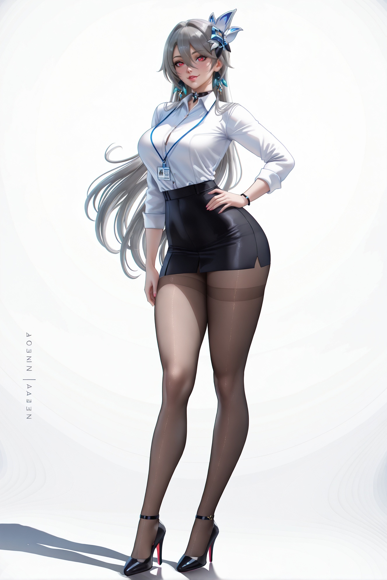 8k,best quality,masterpiece,(ultra-detailed),(high detailed skin),masterpiece,best quality,artist:zd_1995,artist:OlchaS,artist:sakimichan,sakimichan \(style\),jijia,2d,full body,full shot,standing,looking at viewer,(solo:1.2),simple background,(white background:1.2),hand on own hip,(white background:1.1),<lora:vita-noob-Tanger-000012:0.8>,vita,1girl,long hair,hair between eyes,grey hair,jewelry,hair ornament,skirt,office lady,shirt,pencil skirt,pantyhose,white shirt,high heels,black skirt,breasts,black footwear,long sleeves,alternate costume,high-waist skirt,brown pantyhose,contemporary,shirt tucked in,large breasts,thighs,black pantyhose,blush,smile,miniskirt,sidelocks,medium breasts,collared shirt,