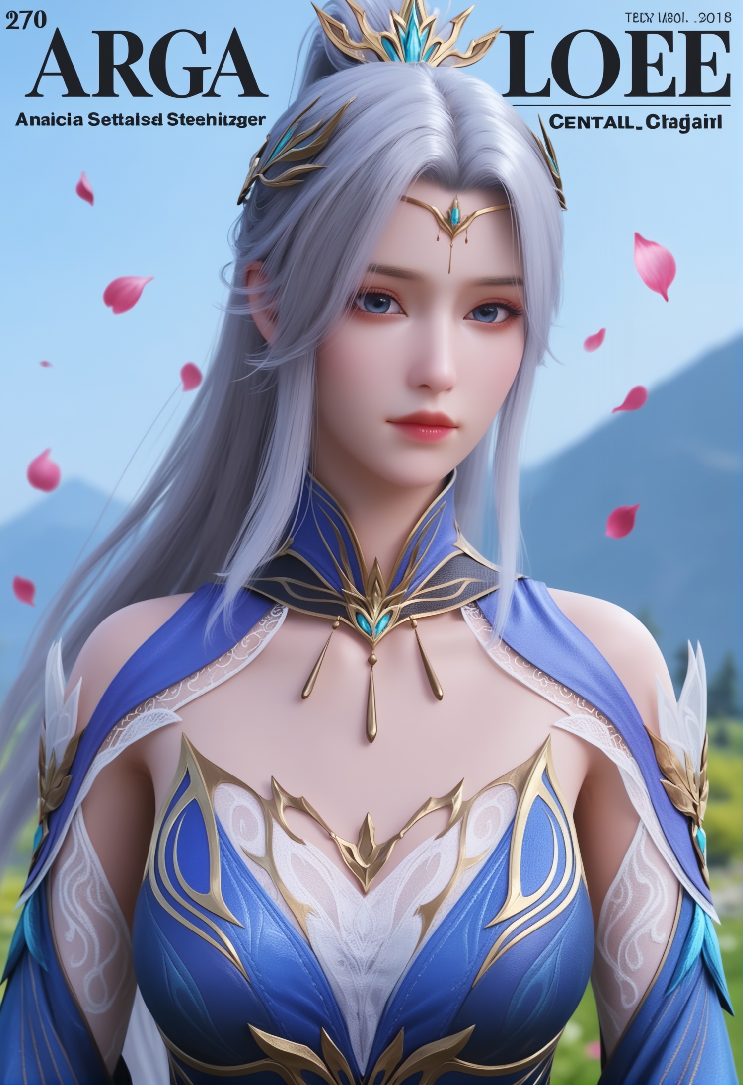 score_9,score_8_up,score_7_up,1girl,solo,(advertising cover:1.2),magazine_cover,artistic signature,1girl,solo,realistic,dress,blue dress,shoulder cutout,long sleeves,detached sleeves,detached collar,wide sleeves,clothing cutout,breasts,backless dress,realistic,jewelry,tiara,gem,hair ornament,1girl,solo,realistic,(mature face:1.2),big_eyes,slender face,shiny_skin,long hair,white hair,grey hair,hair bun,ponytail,sidelocks,blue eyes,forehead mark,bare shoulders,closed mouth,realistic,grey_background,gradient_background,(white_background:0.9),falling petals,(depth of field:1.2),depth_of_field,(looking at viewer:1.1),<lora:小巳-洛璃-新pony:0.8>,