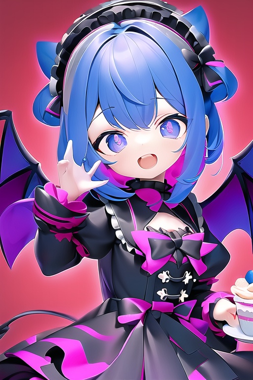 CH,high contrast,1Girl,solo,looking at the audience,blue blue smile,short hair,open mouth,bangs,black hair accessories,long sleeves,black and red Gothic Lolita,bow,holding,jewelry,headband,food,demon wings,demon tail,Lolita fashion,Gothic Lolita,Lolita headband,macaron,purple background,