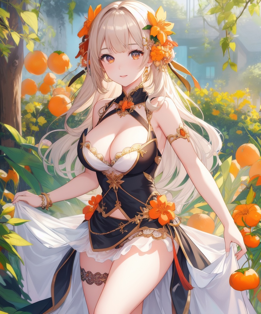 (,1girl, ,best quality, ),looking at viewer, <lora:457-DA-天启姬:0.8> ,ultra detailed background,ultra detailed background,ultra realistic 8k cg,, ,masterpiece, (( , )),, ,      ,  orange blossoms,  (cleavage), (), ,,