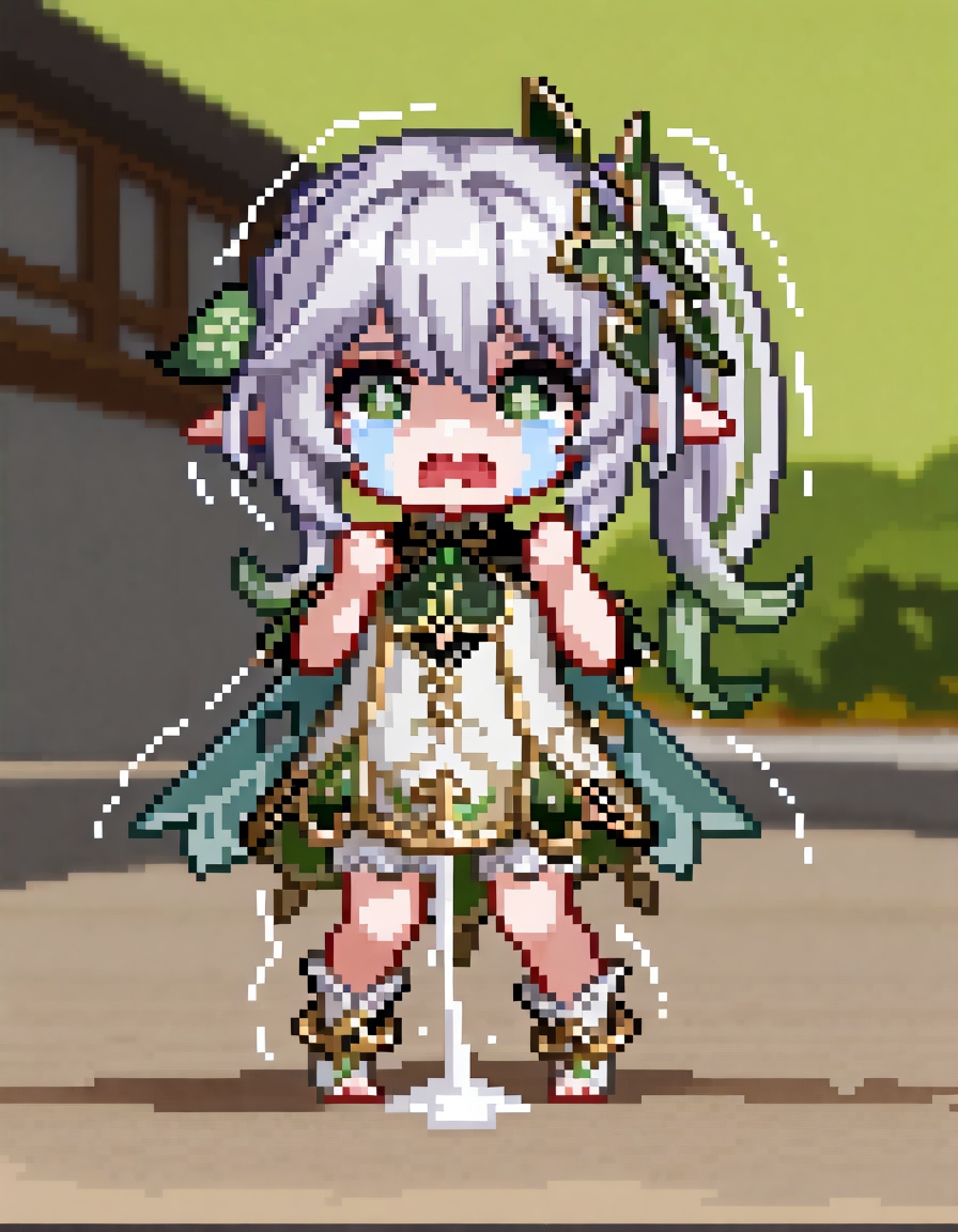 hires,1girl,nahida \(genshin impact\),chibi,wavy mouth,open mouth,crying,streaming tears,tearing up,tears,spilled milk on floor,outdoors,shaking,trembling,masterpiece,best quality,amazing quality,very awa,absurdres,newest,very aesthetic,depth of field,highres,