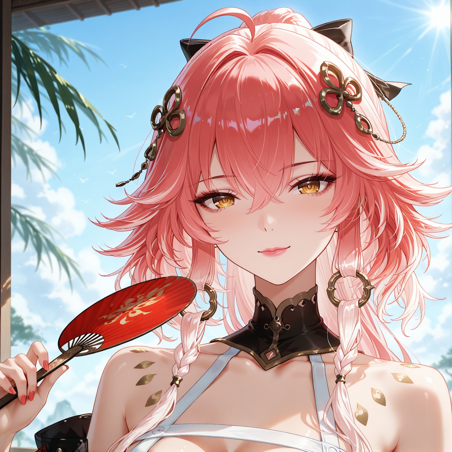 best quality,very aesthetic,pink lips,thin lips,domineering lady,*****,sexy,folding_fan,fan,holding fan,holding,holding fan,solo,open folding fan,the fan blocks half of the face,upper body,<lora:长离长离:1>,changli,1 woman,yujie,long hair,bangs,hair ornament,hair between eyes,yellow eyes,pink hair,ahoge,red hair,