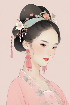 (chinese traditional minimalism:1.3), Close-up Portrait, Left View, Chinese eenchanting Maiden, Charming smile, solo,1girl, beautiful ,elegant, pink color matching, white background, hair, hair accessories, earrings,