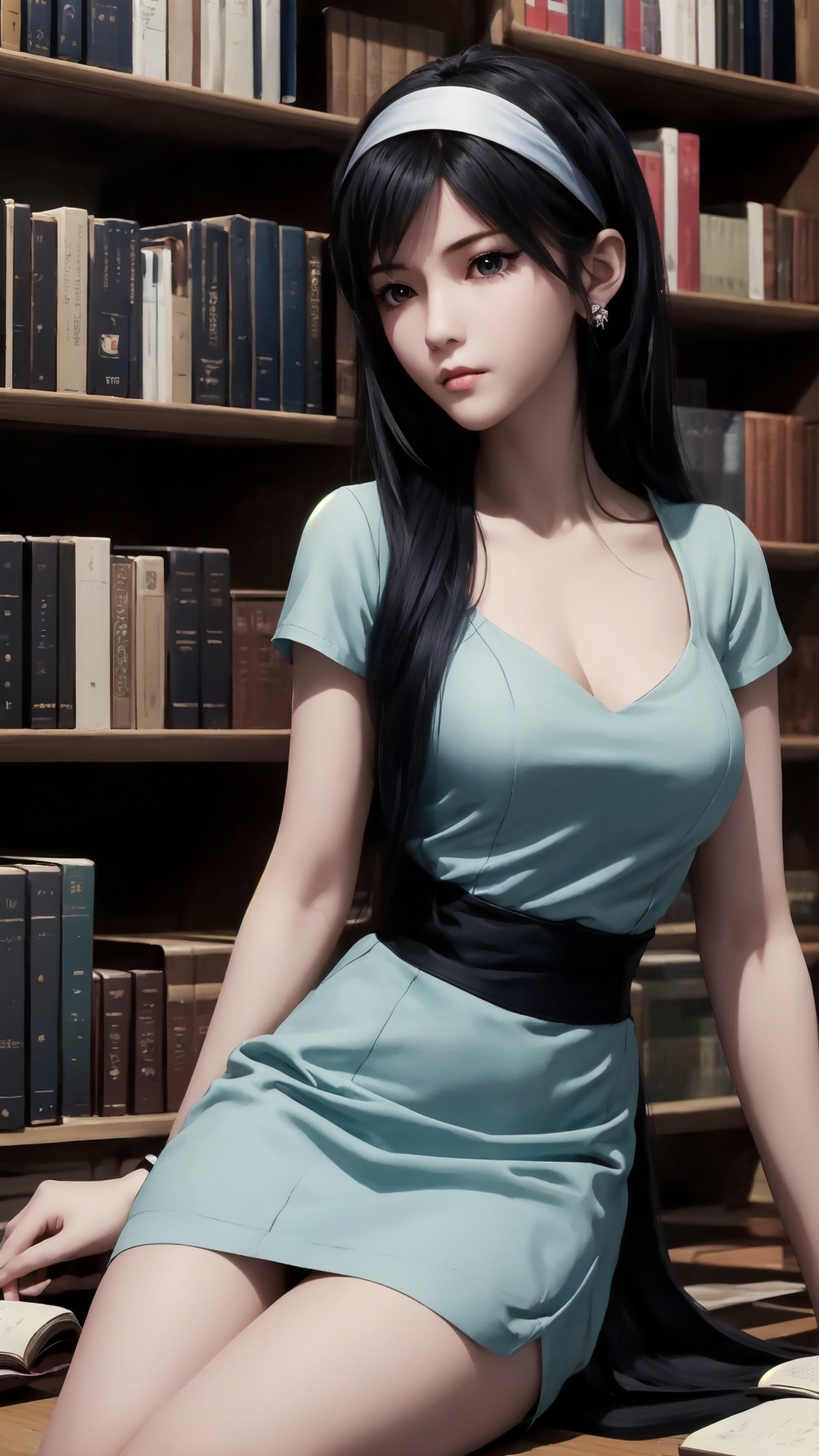 The image is a digital illustration of a young woman sitting on a bookshelf in a library. She is wearing a light blue dress with a high neckline and short sleeves. She has long black hair styled in a sleek bob with bangs and is wearing black stockings and a headband. The woman is looking directly at the camera with a serious expression on her face. Behind her,there are several bookshelves filled with books and a vase with a plant on top. The overall mood of the image is dark and mysterious.,<lora:1.5端木蓉(6):0.8>,