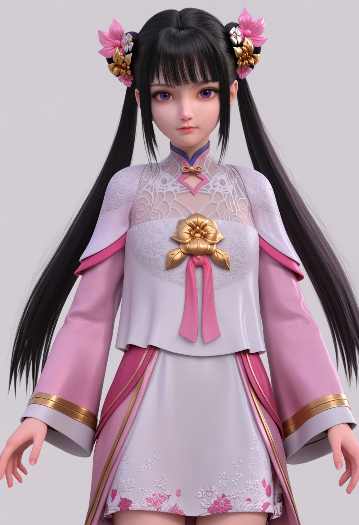 score_9,high detail,best quality,shiny skin,shiny,xiyan,1girl,solo,purple eyes,black hair,long hair,twintails,chinese clothes,hair ornament,white background,dress,flower,realistic,double bun,long sleeves,simple background,closed mouth,blunt bangs,sidelocks,pink dress,looking at viewer,thighs,<lora:QQSponyxiyanV1:0.8>,<lora:Pony_DetailV2.0:0.8>,<lora:皮肤凹痕:0.1>,