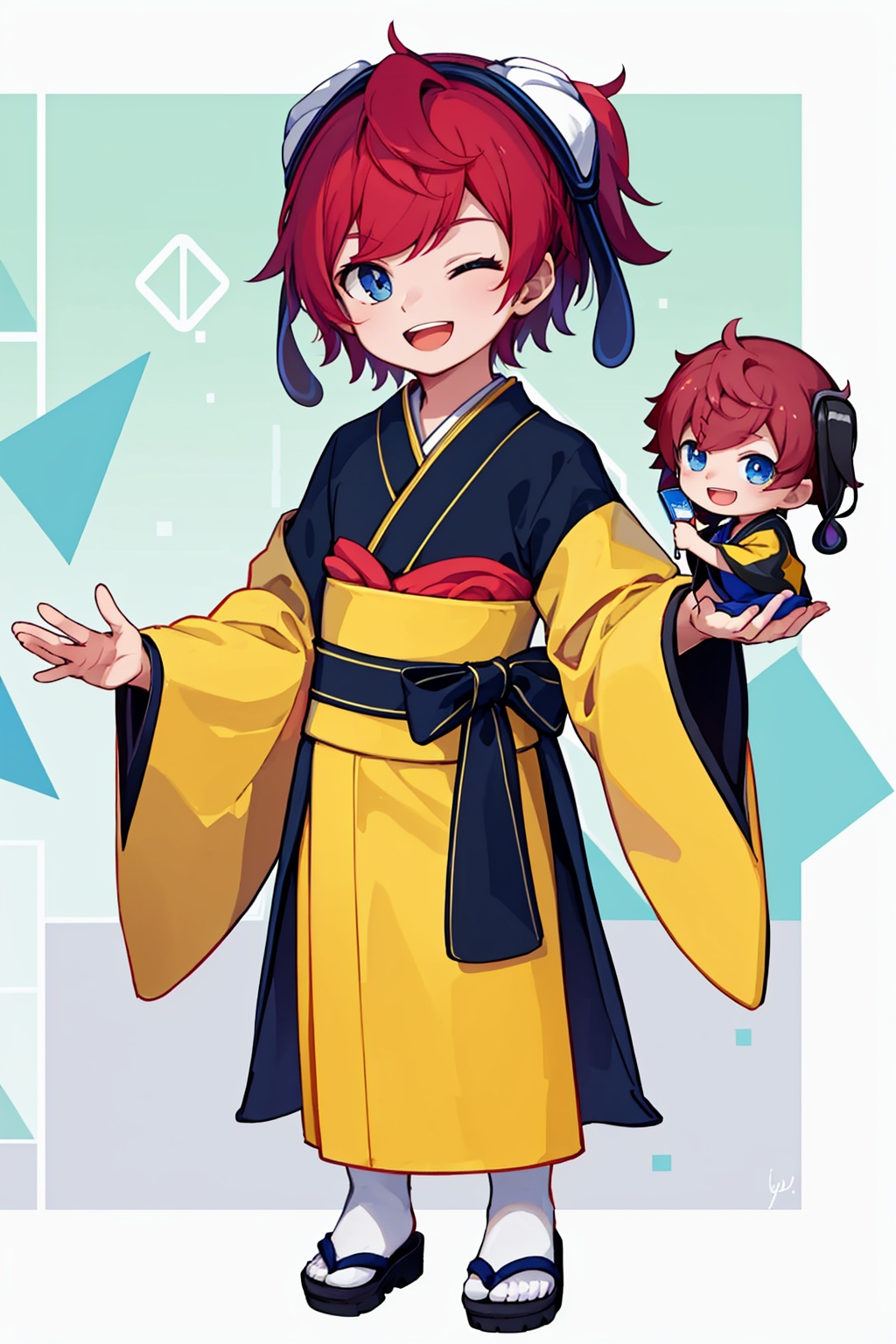 masterpiece,best quality, highly detailed, aiba takumi, one eye closed, open mouth, smile, pokemon (creature), 1boy, chibi, obi, holding, sandals, ;d, standing, signature, male focus, yellow kimono, full body, hanetsuki, wide sleeves, hagoita, side ponytail, hair ornament, yukata,<lora:aiba_takumi:1>