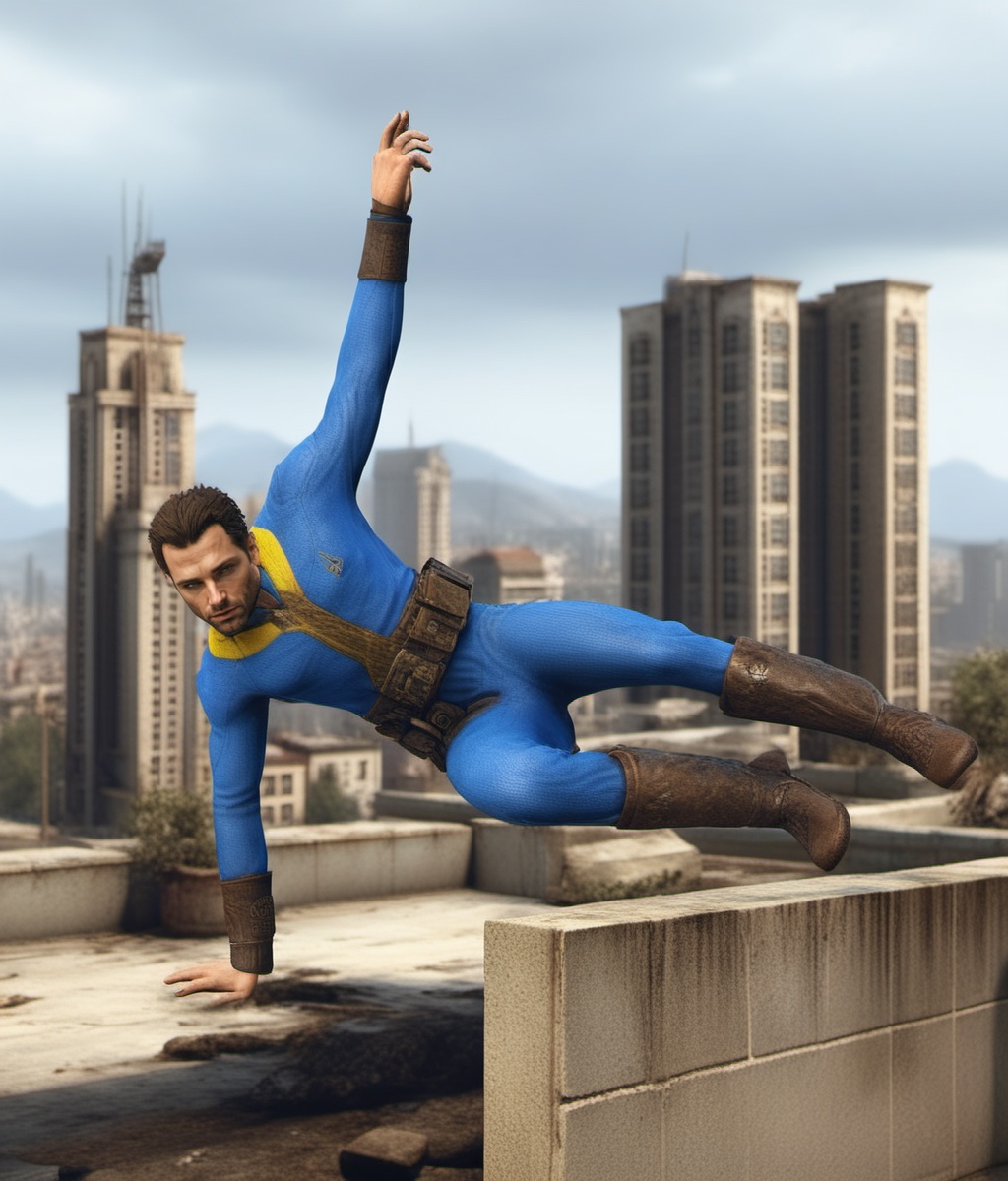 Dystopian style a man wears a blue and yellow outfit,  a computer wrist,  a belt on Tensor.Art