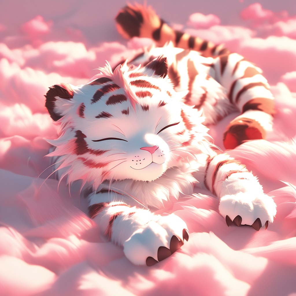 yinhu,tigger,fluffy,pink pattern,soft lighting,tiger boy,white fur,whimsy and dramatic lighting,warm colors,tigger focus,mf-movie-filter,cc-color-correction,cute,whiskers,:3,^ ^,no humans,closed eyes,on back,cloud,pink theme,lying,solo,closed mouth,cloudy sky,full body,smile,sky,red theme,white background,facing viewer,simple background,<lora:yinhu_annimate_xl_p_ith_txt:0.8>,