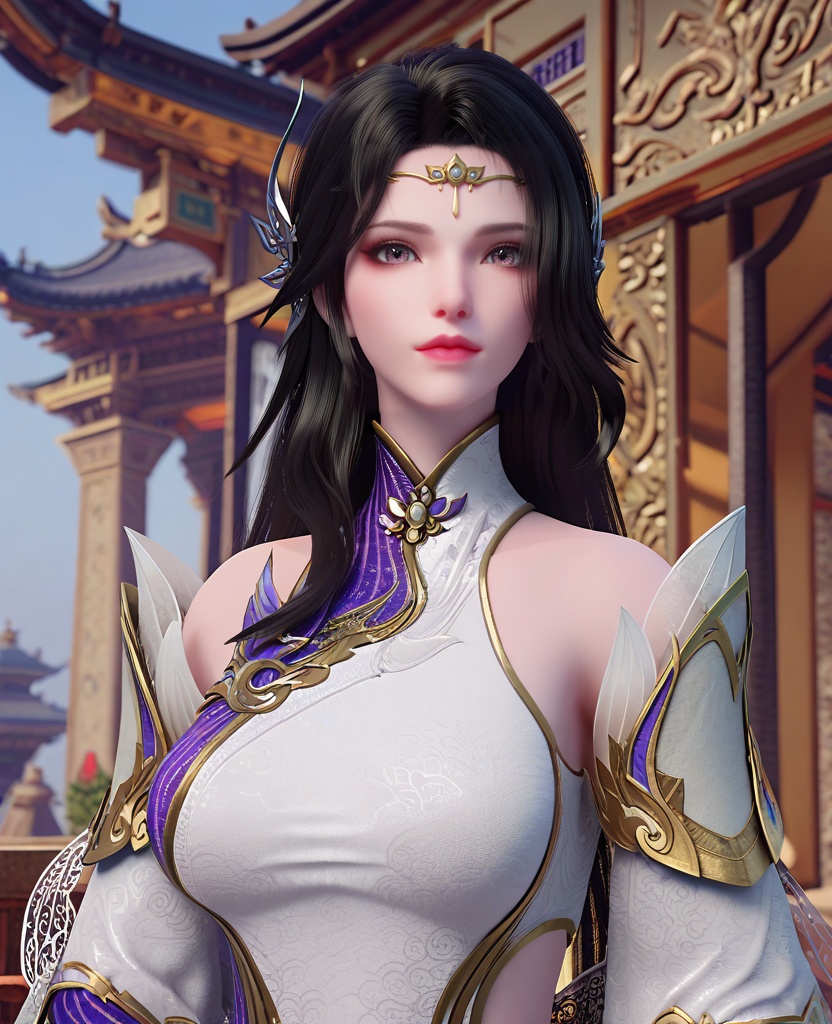 (oriental architecture, elegant decor, sophisticated style:1.1),(floating:1.1),looking at viewer,(breasts:1.2),<lora:XL斗破苍穹玄衣:0.95>,miss xuanyi,white paired with purple dress,buff eyes,hair ornament,black hair,long hair,detached sleeves,shawl‌‌,, score_9,score_8_up,score_7_up,score_6_up,score_5_up,score_4_up,3d rendering,tag1,tag2, Cinematic Lighting,backlighting,