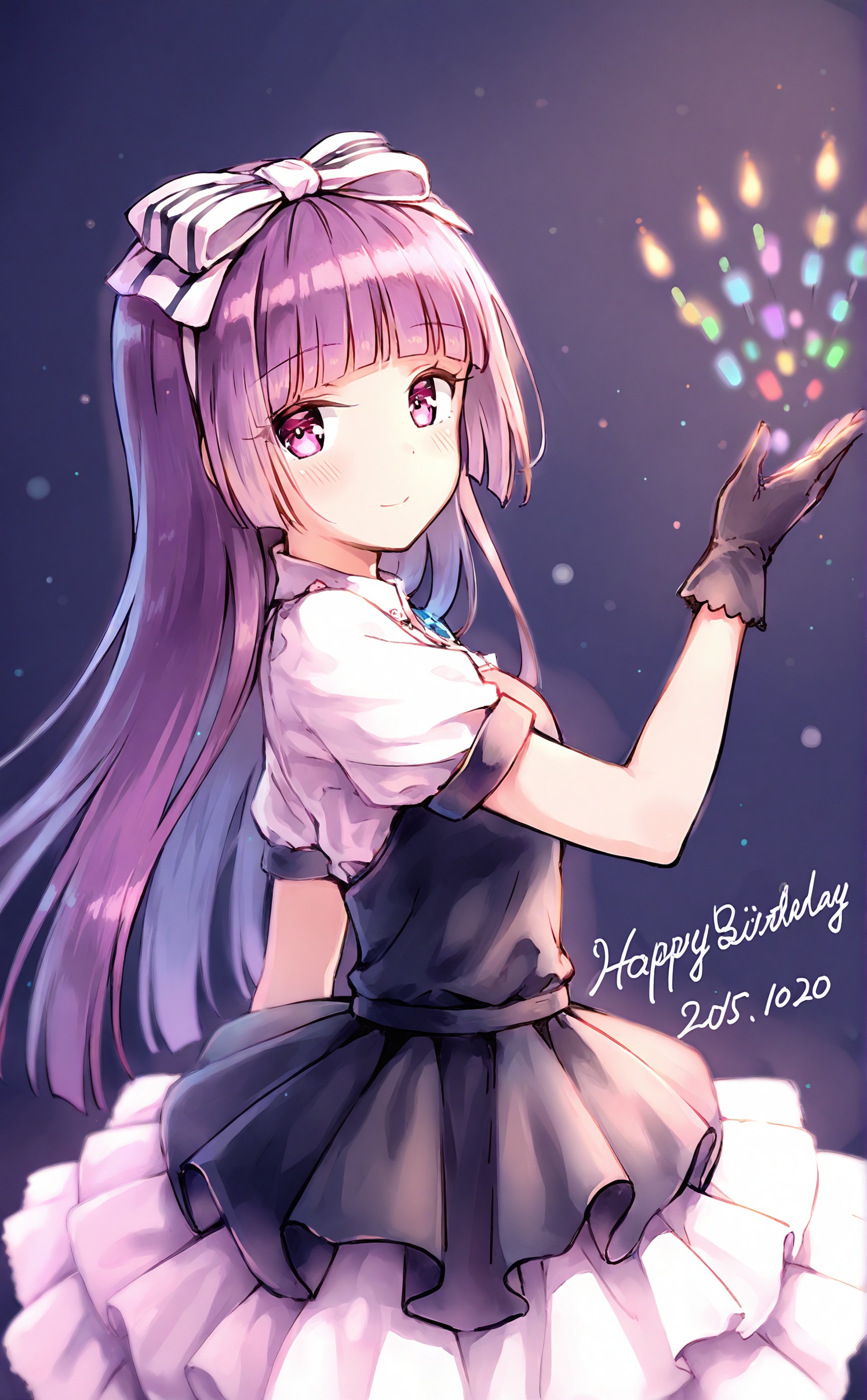 best,1girl,happy birthday,gloves,long hair,solo,dated,purple hair,purple eyes,black gloves,looking at viewer,dress,hair bow,blunt bangs,blush,bow,ribbon,hair ribbon,short sleeves,layered skirt,hime cut,frilled dress,skirt,frills,hairband,<lora:hiten1536up-000007:1>,