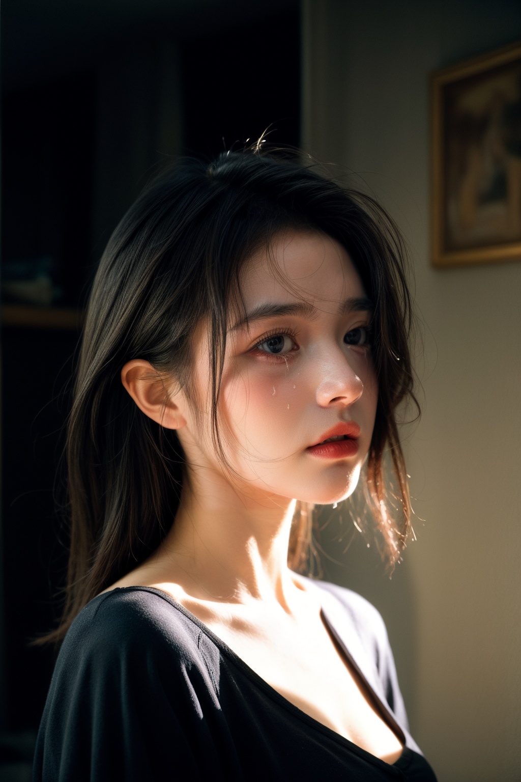 portrait of 1girl by Bill Henson,depressed,tears,streaming tears,ruins,shadows,dramatic lighting,sunset,contemporary,dark,expressionism,dystopia,industrial,<lora:add_detail:1>,<lora:MengX girl_Mix_V40:0.8>,