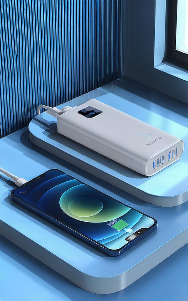 gaoji,The power bank sits on a table with a blue wall behind it and a grey curtain in the background. High resolution photography,sharp focus of detail,high quality photography style,<lora:GJsp4-XL-000005:0.9>,