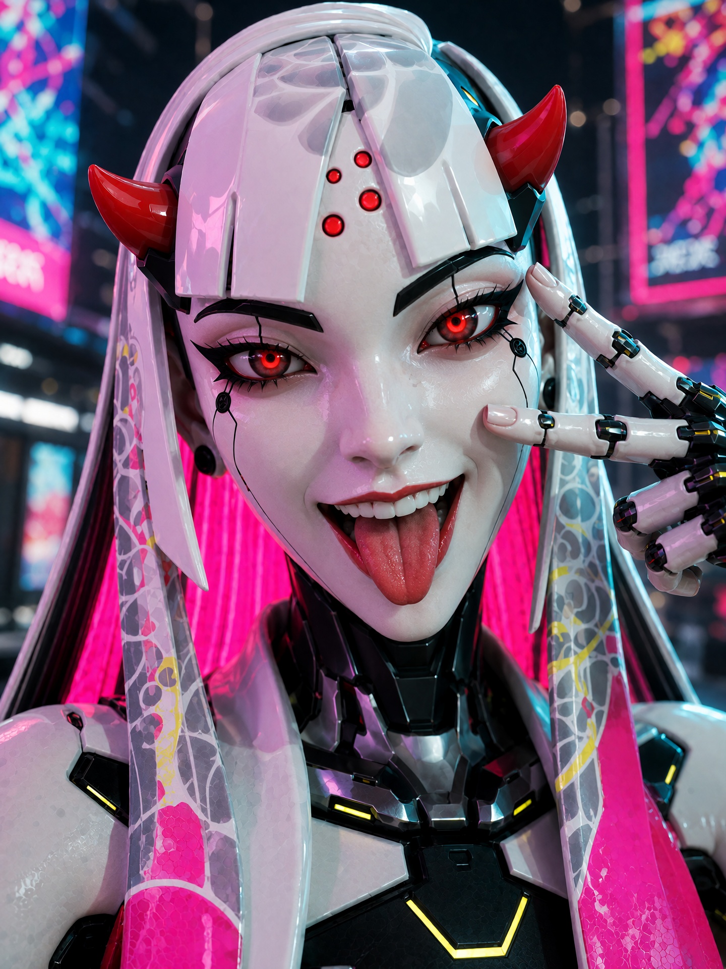 25. shion,  neon selfie-style cyberpunk illustration,  female android with porcelain-white synthetic skin on Tensor.Art