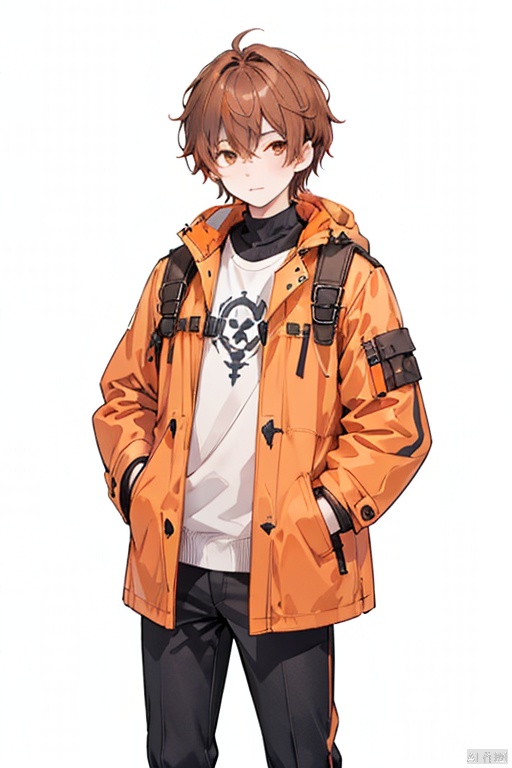 solo,  looking at viewer,  simple background,  brown hair,  1boy,  white background,  standing,  male focus,  pants,  orange hair,  coat,  black pants,  hands in pockets