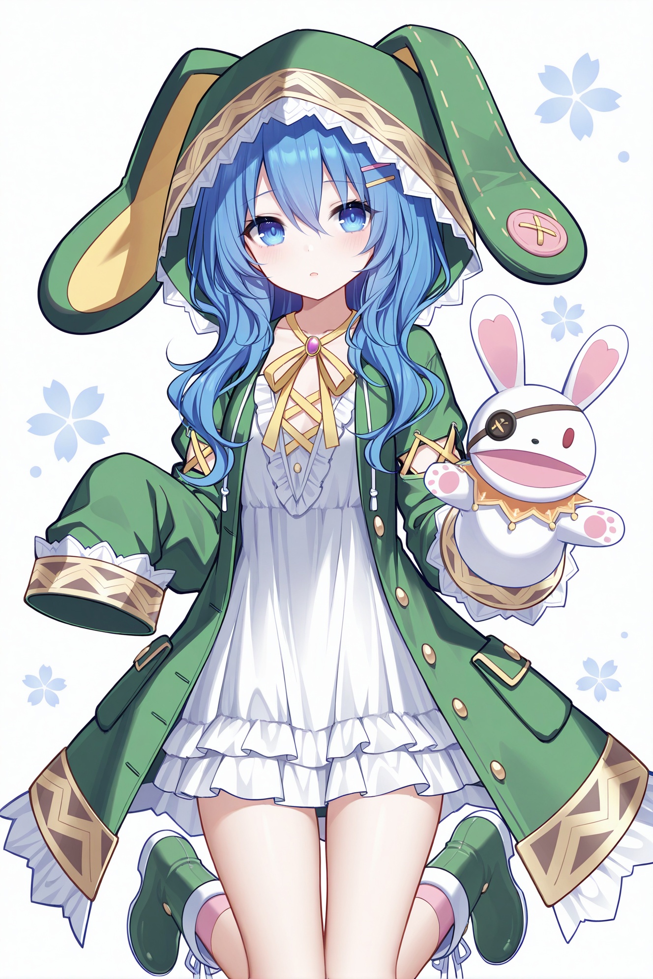 masterpiece, best quality, newest, absurdres, highres,(quan \(kurisu tina\):0.6, ),(rimuu:0.5),(mignon:0.5),(sheya:0.5)  himekawa yoshino(serei), 1girl, blue hair, blue eyes, long hair,  hairclip, coat,hood up,hand puppet,green footwear, <lora:YoshinoXLNAI:1>