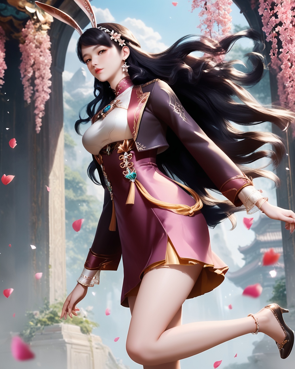 1girl,solo,long hair,breast,medium breast,earrings,hair_ornament,dress,<lora:wy_jiangnannan_XL5.0:0.8>,black hair,brown eyes,rabbit ear-like ornament,bare_legs,thick_thighs,gaden,flower,, score_9,score_8_up,score_7_up,score_6_up,score_5_up,score_4_up,