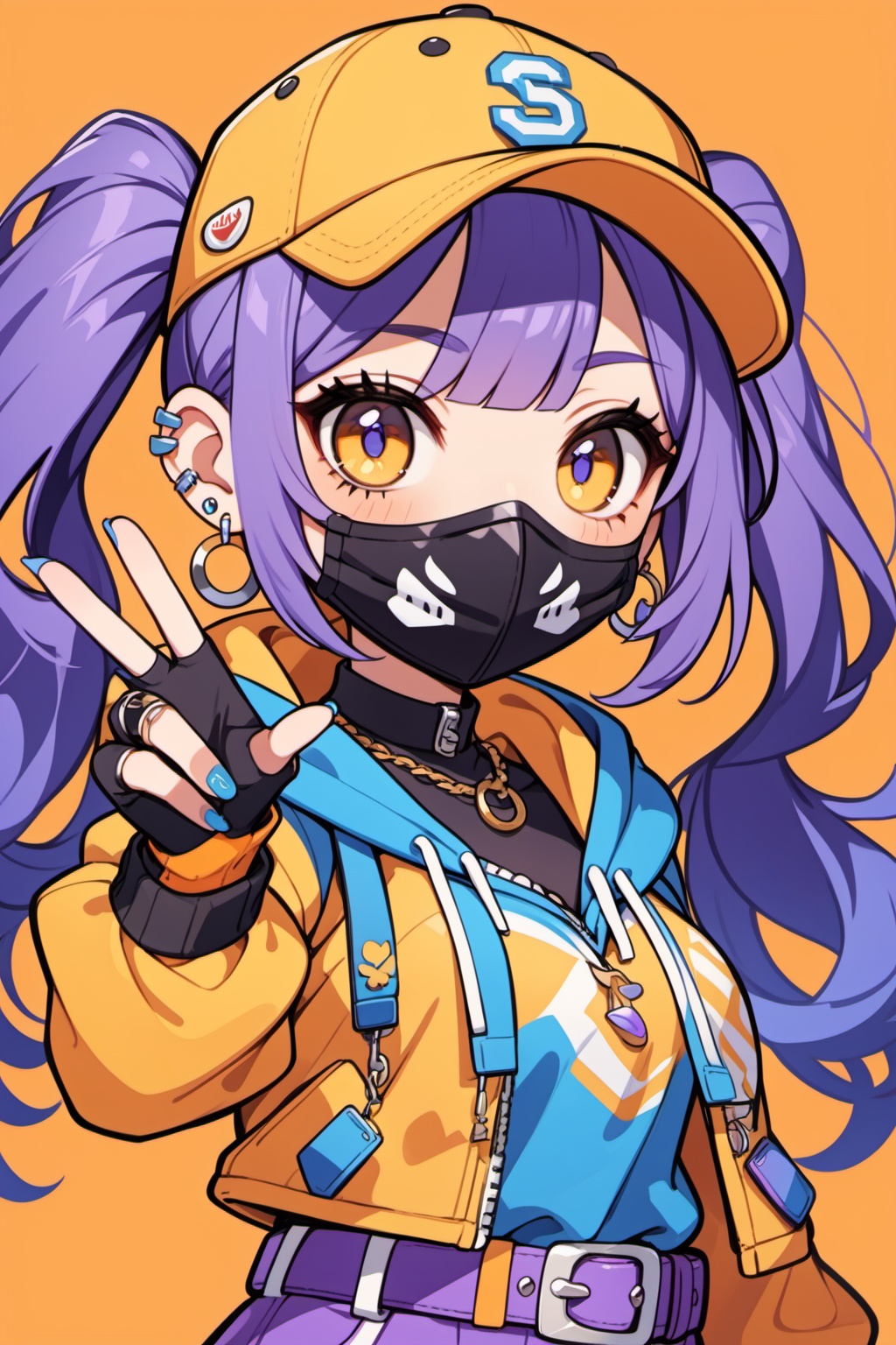 1girl,chibi,solo,twintails,jacket,hat,jewelry,mask,earrings,baseball cap,bangs,looking at viewer,v,mouth mask,gloves,orange background,blue nails,nail polish,fingerless gloves,hood,purple hair,upper body,simple background,yellow jacket,ear piercing,piercing,blue hair,belt,yellow background,long sleeves,blunt bangs,hand up,drawstring,hood down,ring,, masterpiece,best quality,very aesthetic,absurdres,
