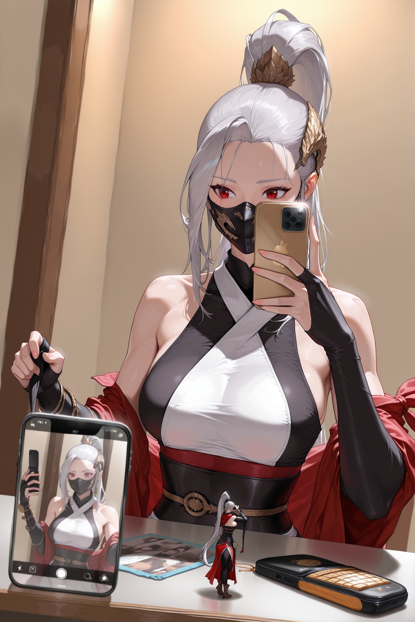 <lora:jiandie-000178:0.9>,vagabond (dungeon and fighter),silver hair,long hair,high ponytail,red eyes,vagabond hair ornament,1girl,solo,hand up, cellphone, smartphone, holding phone,, taking picture, figure, flip phone, mask, phone, selfie