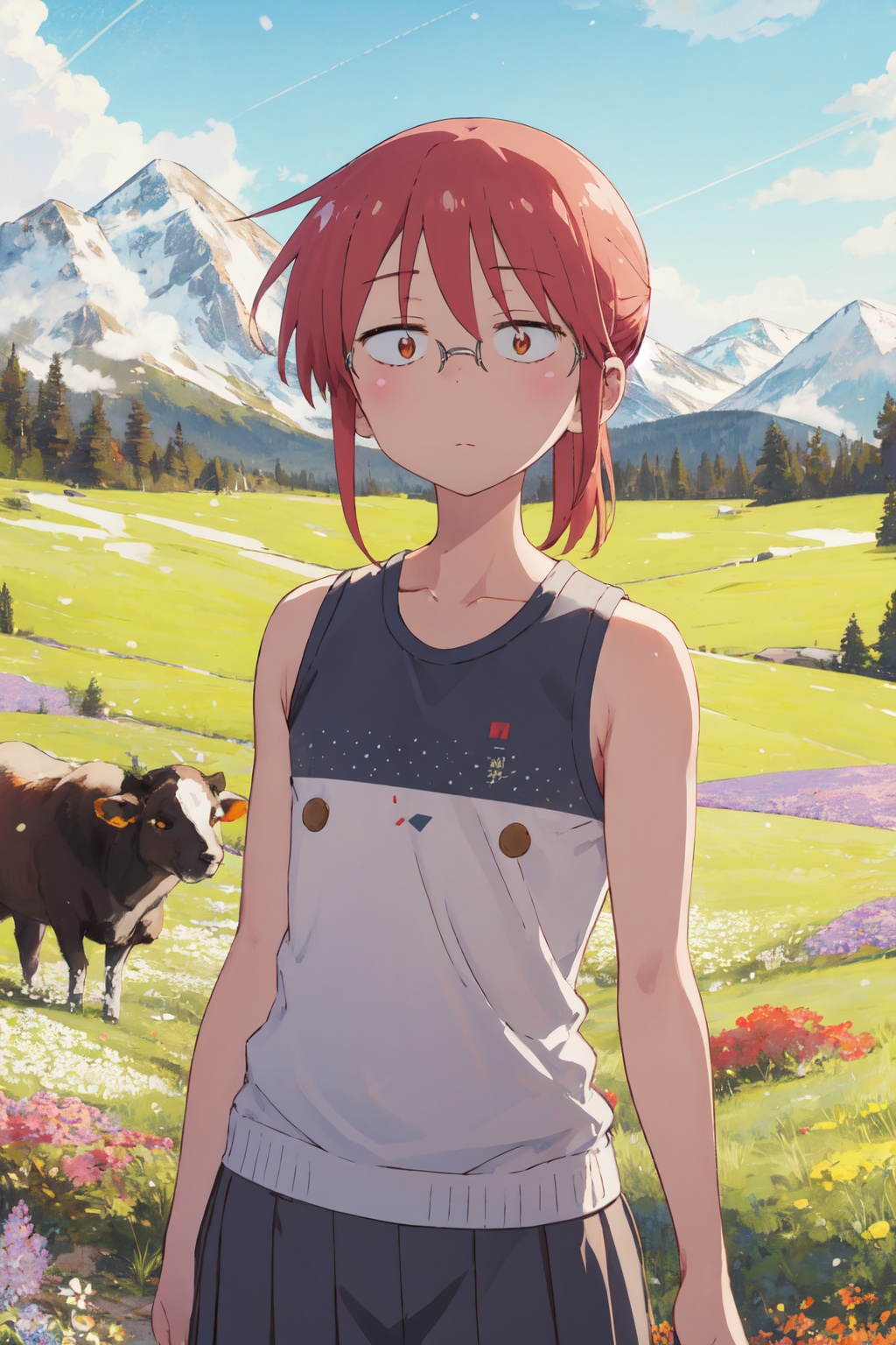 <lora:Kobayashi-000010:0.8>,kobayashi cyql,1girl,looking at viewer,solo,glasses,red hair,ponytail,brown eyes,sidelocks,Pleated skirt, tucked in **** top, sneakers,Tsundere,upper_body,High above, a vast meadow stretches to the horizon, dotted with wildflowers. Cattle and sheep graze leisurely while snow-capped mountains encircle the scene in the distance,(Ancient oaks, Moss-covered branches, Sun-dappled forest floor, Enchanted atmosphere, Forest spirits, Timeless beauty:0.5),beautiful detailed sky,beautiful detailed glow,posing in front of a colorful and dynamic background,masterpiece,best quality,beautiful and aesthetic,contrapposto,female focus,wallpaper,