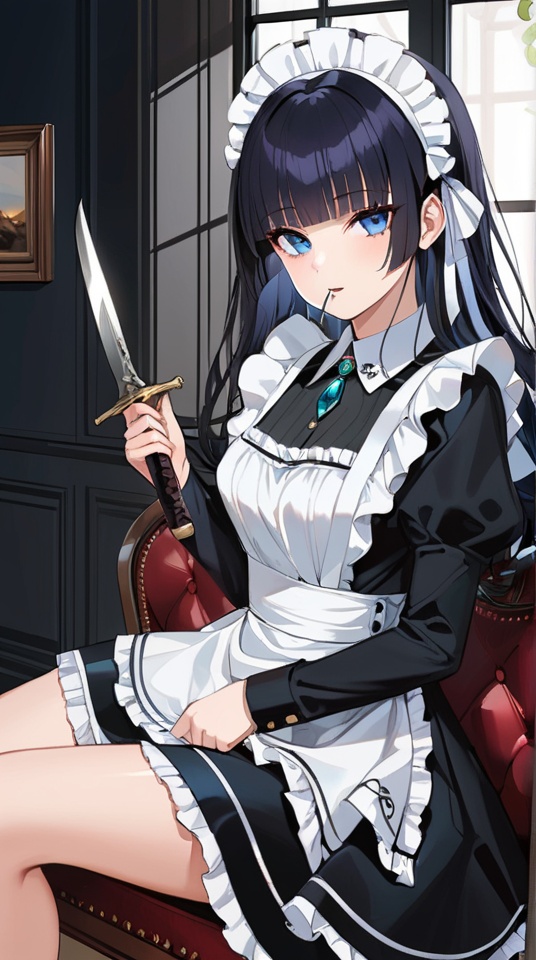 (best quality), ((masterpiece)), (highres), illustration, original, extremely detailed,<lora:SNQX:0.7>1girl, knife, maid headdress, solo, maid, holding, black hair, blue eyes, jewelry, indoors, dagger, dress, holding knife, weapon, apron, bangs, looking at viewer, sitting, maid apron, window, long hair, holding weapon, frills, necklace, couch, gem, long sleeves, mole under mouth, mole, black dress, holding dagger, blunt bangs