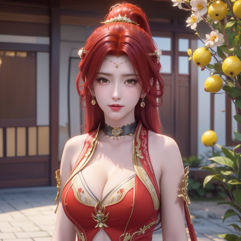 <lora:斗破苍穹-唐火儿:0.8>,red hair,   (,1girl, ,best quality, ),looking at viewer,  ,ultra detailed background,ultra detailed background,ultra realistic 8k cg, ,masterpiece, (( , )),,  fiction,mole, ultra realistic 8k cg, ,      , lemon blossoms,  (cleavage), (), ,,,