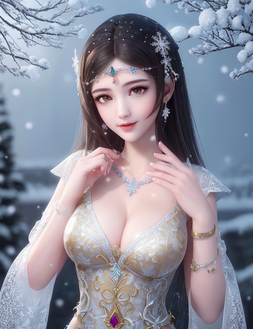 ultra realistic 8k cg, flawless, clean, masterpiece, professional artwork, famous artwork, cinematic lighting, cinematic bloom, perfect face, beautiful face, fantasy, dreamlike, unreal, science fiction,   lace, lace trim, lace-trimmed legwear, luxury, jewelry, diamond, gold, pearl, gem, sapphire, ruby, emerald, intricate detail, delicate pattern, charming, alluring, seductive, erotic, enchanting, hair ornament, necklace, earrings, bracelet, armlet,halo,autumn,((,1girl, pov,best quality, ))  , ((((1girl, solo,outdoors, large breasts,,snowflakes,  snow, snowing,   ))))    <lora:DA_BaiCai:0.7>