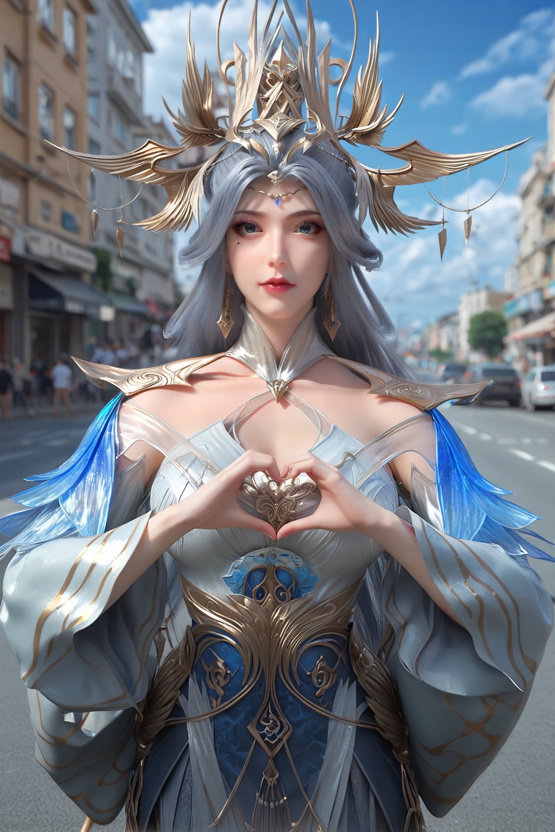 (score_9),<lora:宁雨蝶-apony:0.8>,nyd,(mature_female:1.1),solo,hair ornament,tiara,long hair,hair bun,mole under eye,shoulder guard,high collar,detached collar,detached sleeves,dress,circlet,jewelry,dangle earrings,<lora:perfect eyes_v1:0.8>,blue eyes,front view,<lora:Expressive_H-000001:0.8>,((heart hands)),glamor,collarbone,pointy breasts,puffy breasts,large breasts,outdoors,street,blue sky,blur background,building,city,cloud,cloudy sky,day,depth of field,<lora:e肤色滑块:0.5>,(white_skin:1.1),(fair_skin:1.1),
