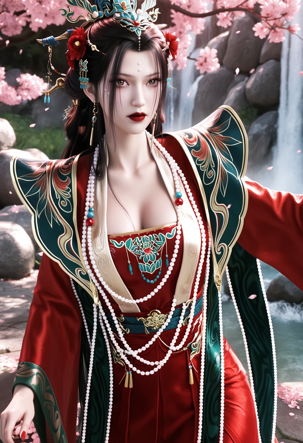 masterpiece,best quality,amazing quality,high resolution,ultra-detailed,absurdres,(looking at viewer:1.1),(upper body:1.1),(moody lighting:1.1),waterfall,peach blossom,falling petals BREAK (large breasts:0.8),chufuren,1girl,solo,hair ornament,jewelry,black hair,long hair,beads,earrings,forehead mark,necklace,red lips,chinese clothes,facial mark,hair flower,dress,bead necklace,red dress,makeup,brown eyes,realistic,lipstick,shoes BREAK photorealistic details,<lora:QQSillchufurenV1:0.8>,
