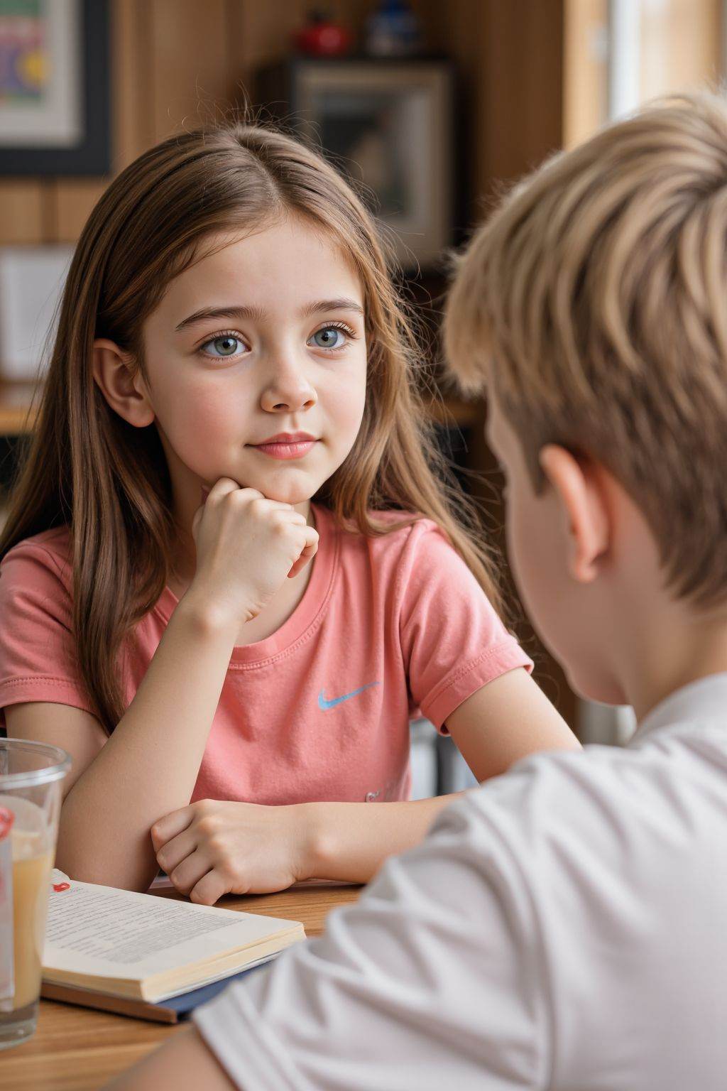 <lora:20250818_AgainGirlF1Lora10:0.8>,A girl with long brown hair and blue eyes is sitting at a table. She is wearing a pink shirt and has her hand on her chin. A boy with blonde hair is sitting in front of her. There is a book and a drink on the table.