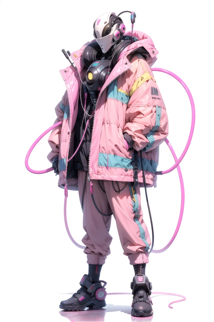 No human, solo, phosphor, sci-fi, robot pink, full body side, pink costume, pink pants, pink cable, cable, pink tube, jacket, wire