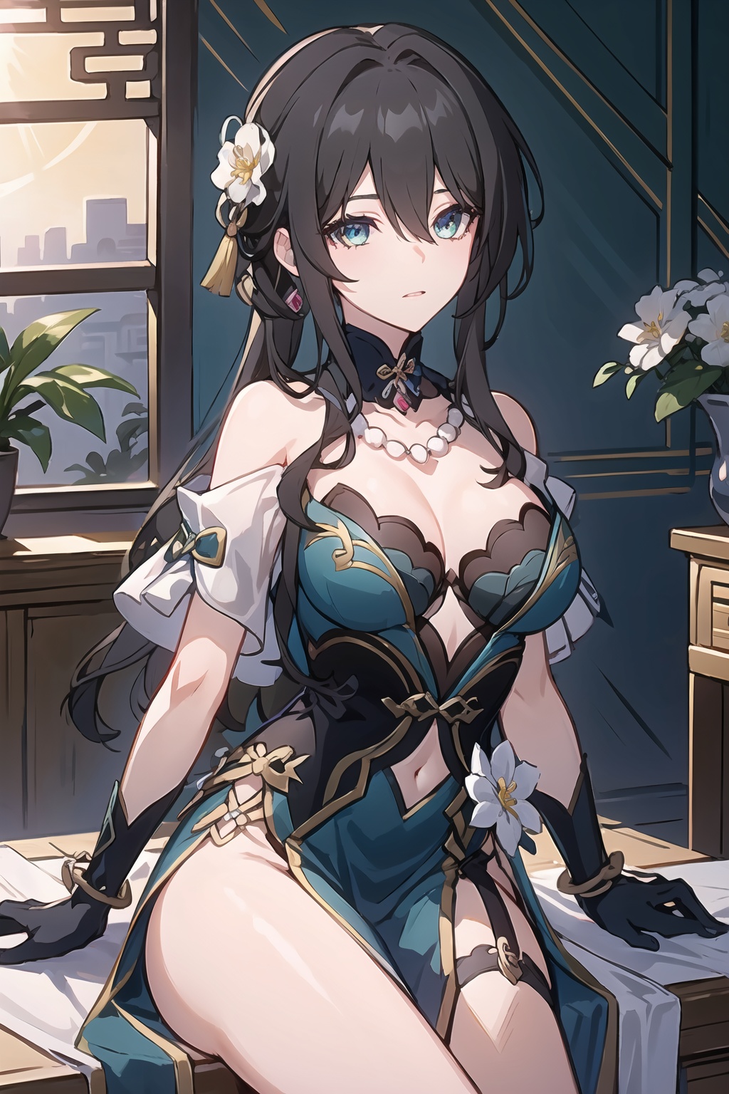 masterpiece,best quality,detialed,ruanmei,ruanmei_official,chinese dress,breasts,long hair,hair between eyes,black hair,bangs,medium breasts,cleavage,hair ornament,thigh strap,white flower,beads,gloves,jewelry,flower,dress,earrings,bare shoulders,blue dress,hair intakes,ruby necklace,black choker,green eyes,blue eyes,<lora:阮梅-0.8-逐辰十七:0.8>,1girl,shop,megami magazine,Expressions,head out of frame,indoors,sunburst background,