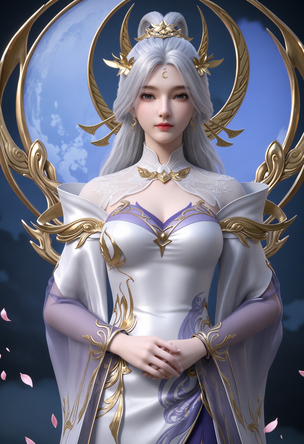 (upper_body:1.2),(looking at viewer:1.1),masterpiece,(best quality),smog,Dark room,dim lighting,peach blossom,falling petals,<lora:YQ_Illustrious光辉v5_月神_仙武传_V1:0.8>,q1528437228,1girl,solo,long hair,hair ornament,jewelry,white hair,forehead mark,earrings,dress,white dress,blue eyes,grey hair,crescent earrings,long sleeves,grey eyes,high heels,white footwear,hair bun,flower,wide sleeves,pantyhose,shoes,bracelet,side slit,