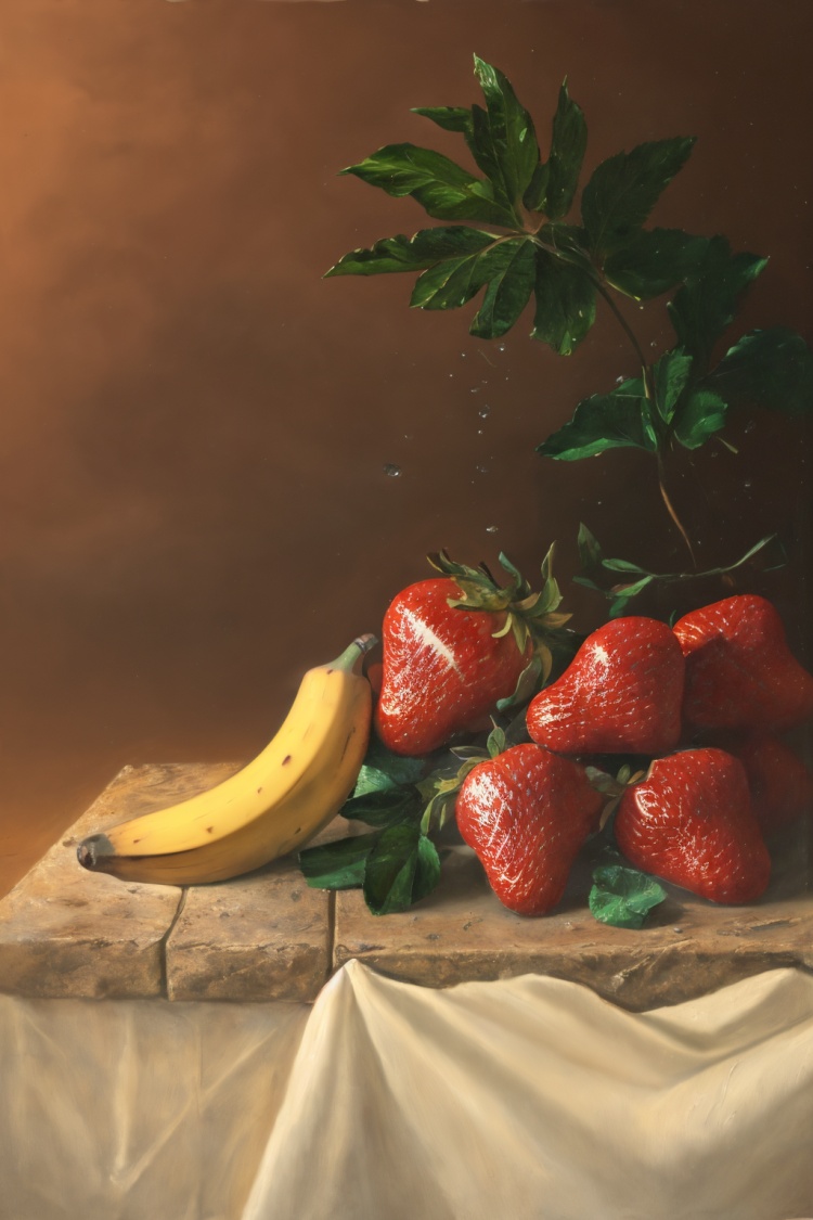 aliekexie,masterpiece,best quality,<lora:阿列克谢·安东诺夫:0.8>,(no_humans:1.2),a painting of a strawberry and a banana on a table top with water droplets on it and a brown background,detailed oil painting,an ultrafine detailed painting,hyperrealism,beach,sand,no_humans,air_bubble,fish,bubble,grass,outdoors,underwater,rock,tree,