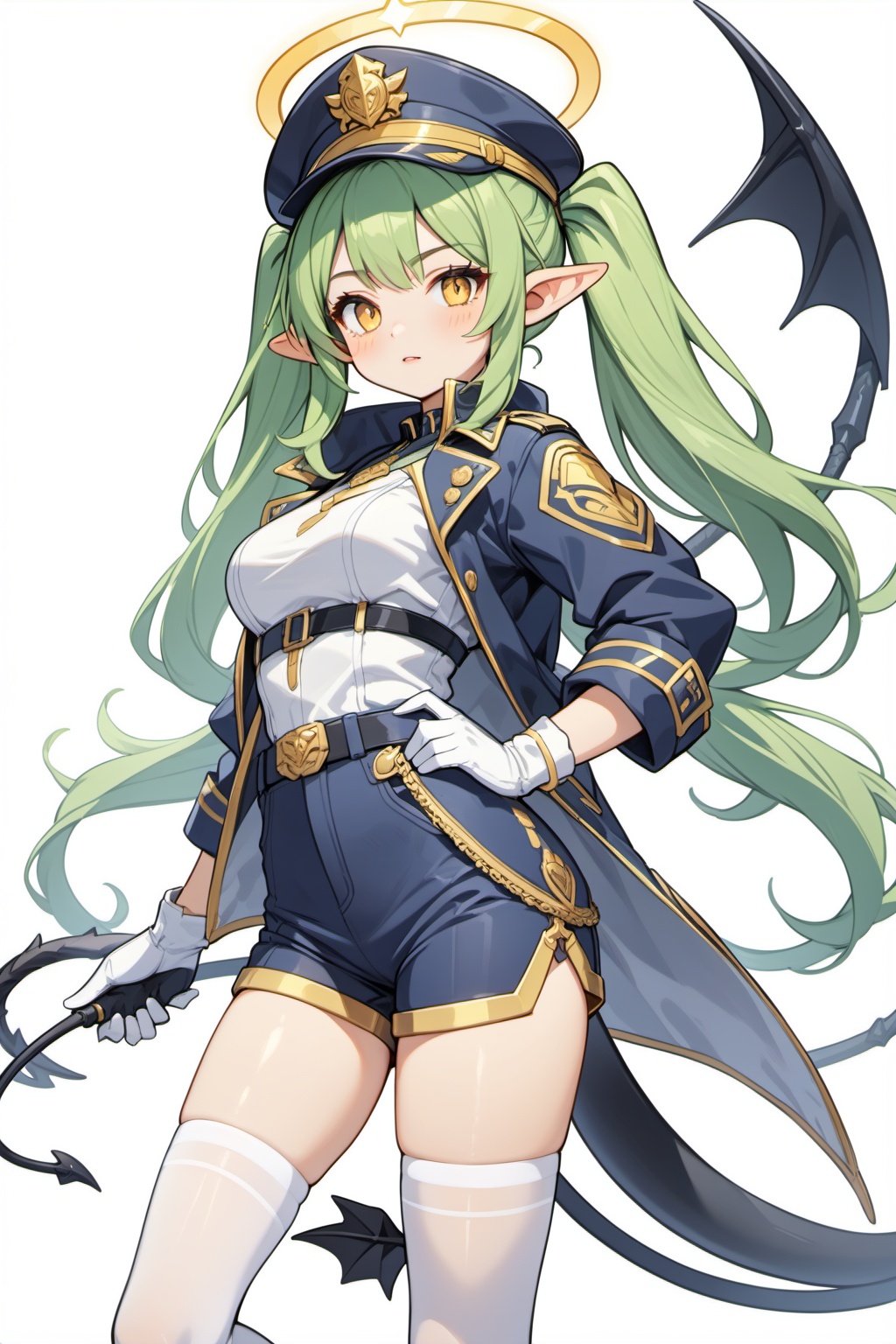 1girl,upper body,white background, ultra-detailed,best quality,(masterpiece),highlander-right,yellow eyes,green hair,twintails,long hair,pointy ears,halo,demon tail,jacket,shorts,arm band,white pantyhose,white gloves,peaked cap,boots,highlander-right,, masterpiece,best quality,very aesthetic,absurdres,