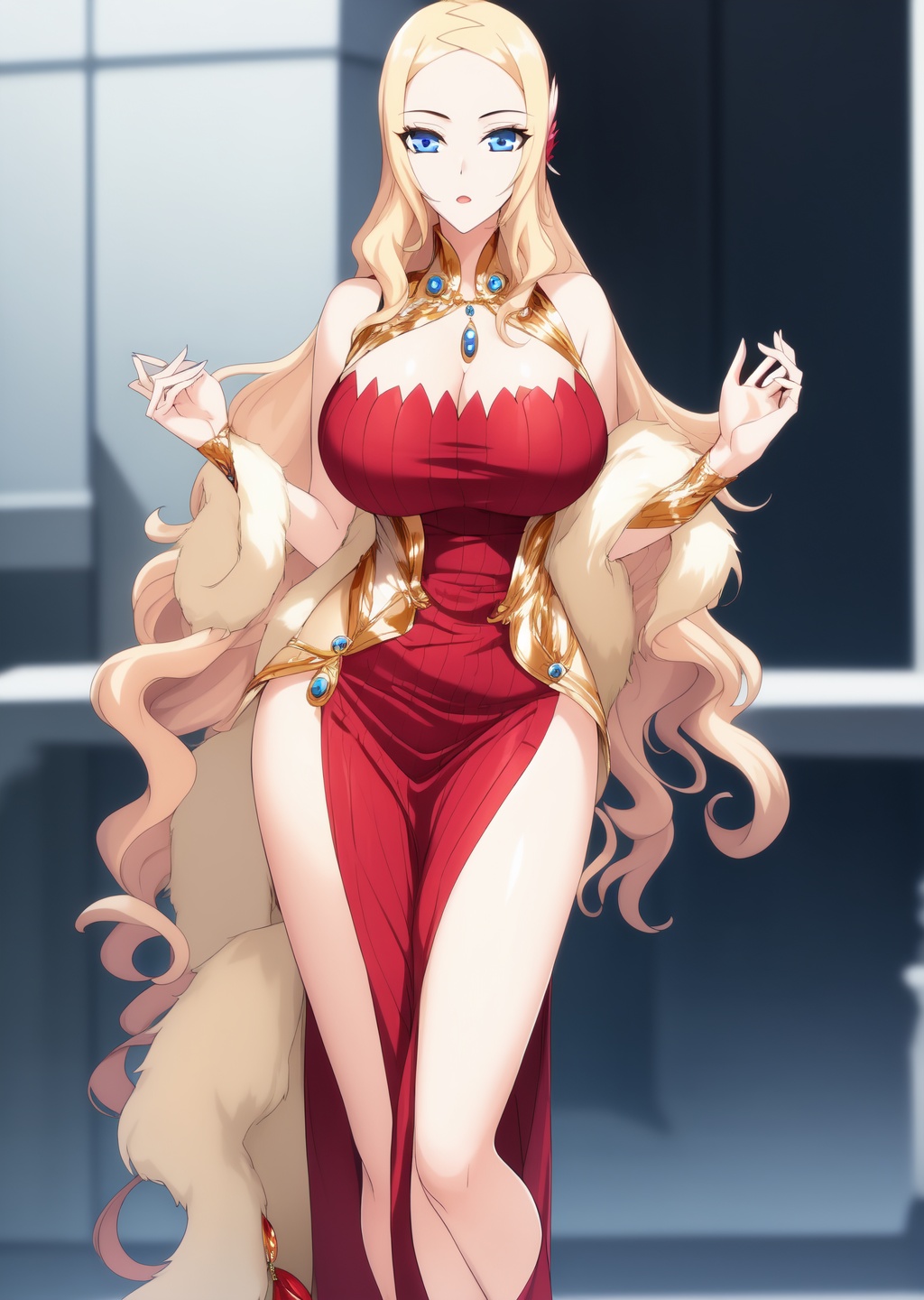 1girl,bare shoulders,blonde hair,blue eyes,breasts,depth of field,dress,long hair,motion blur,pelvic curtain,red dress,side slit,(thighs:1.1),very long hair,[[<lora:yafei2>]],milf,(mature_female:1.1),mature,glamor,wavy hair,<lora:PerfectEyesXL:0.9>,<lora:add-detail-xl>,[hands_on_hips],